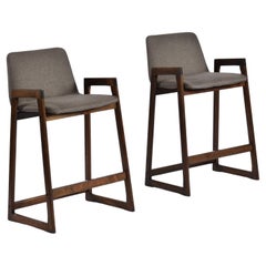 Vintage Pair Danish Walnut Colored Teak Upholstered Counter Height Barstools with Backs