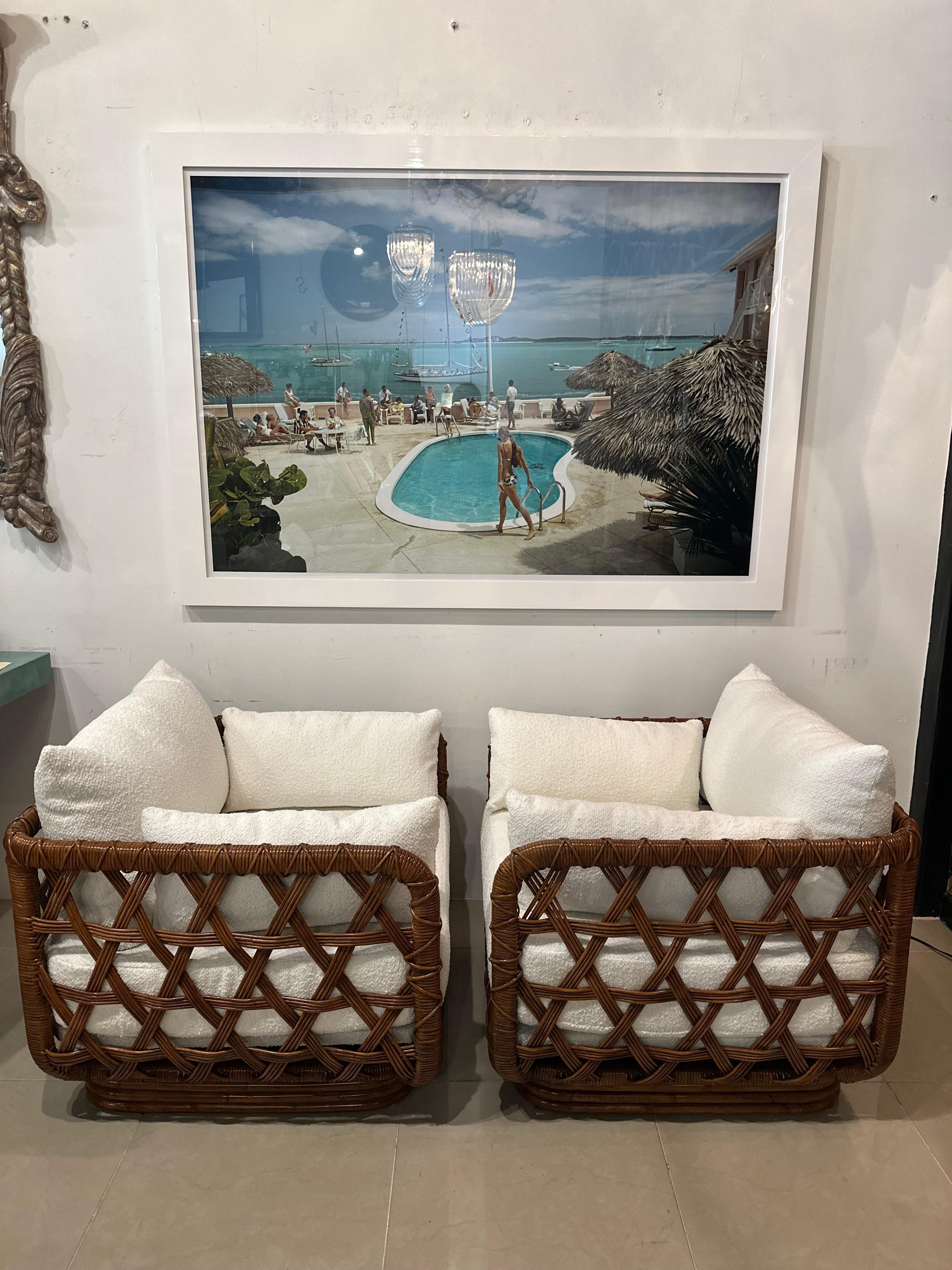 Coppia Danny Ho Fong Tanganika Tropi-cal Club Lounge Chair in rattan restaurato in vendita 8
