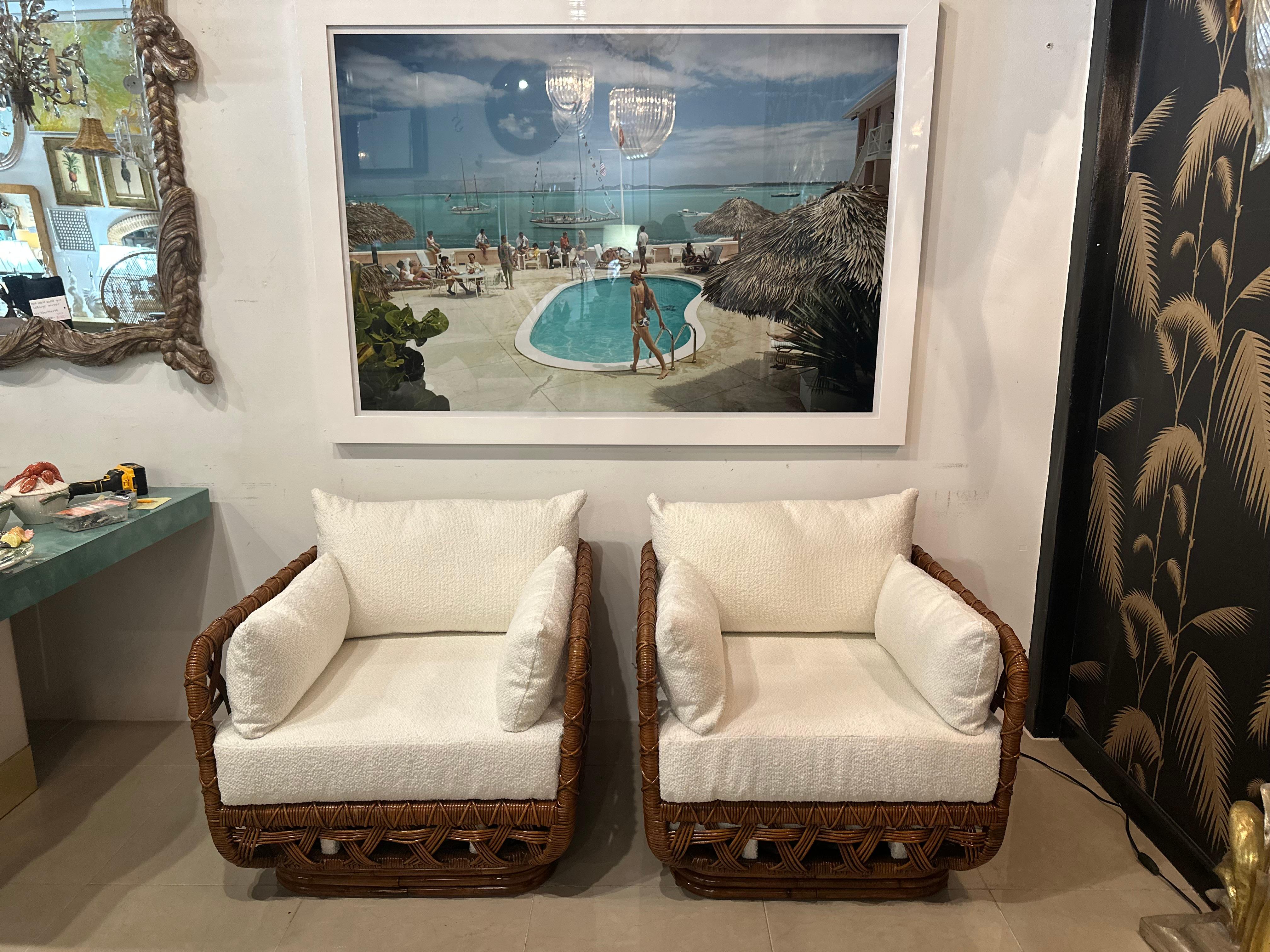 Coppia Danny Ho Fong Tanganika Tropi-cal Club Lounge Chair in rattan restaurato in vendita 9