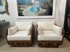 Pair Danny Ho Fong Tanganika Tropi-Cal Club Lounge Chairs Rattan Restored