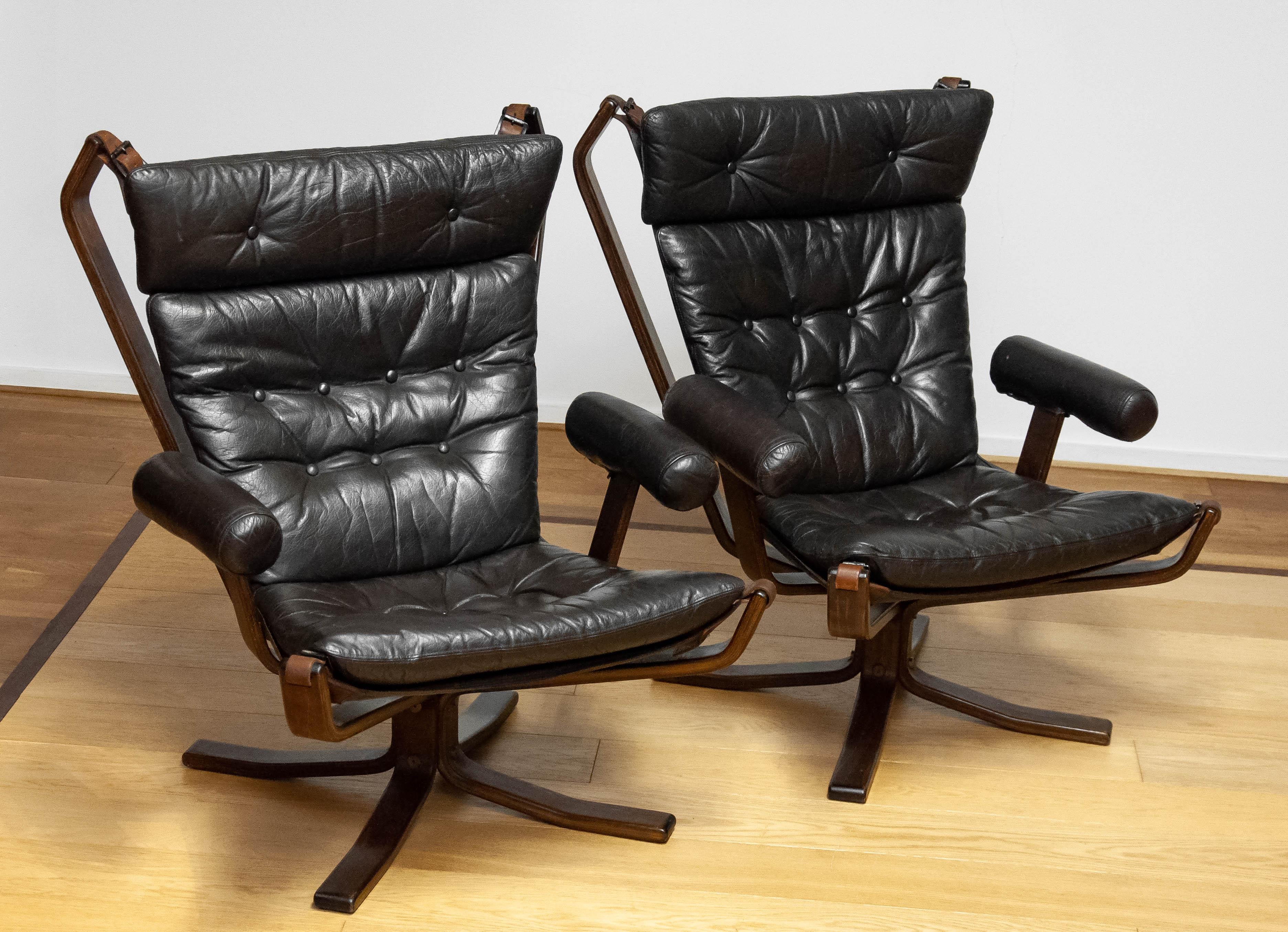 Danish Pair Dark Brown Leather Lounge Chairs 'Superstar