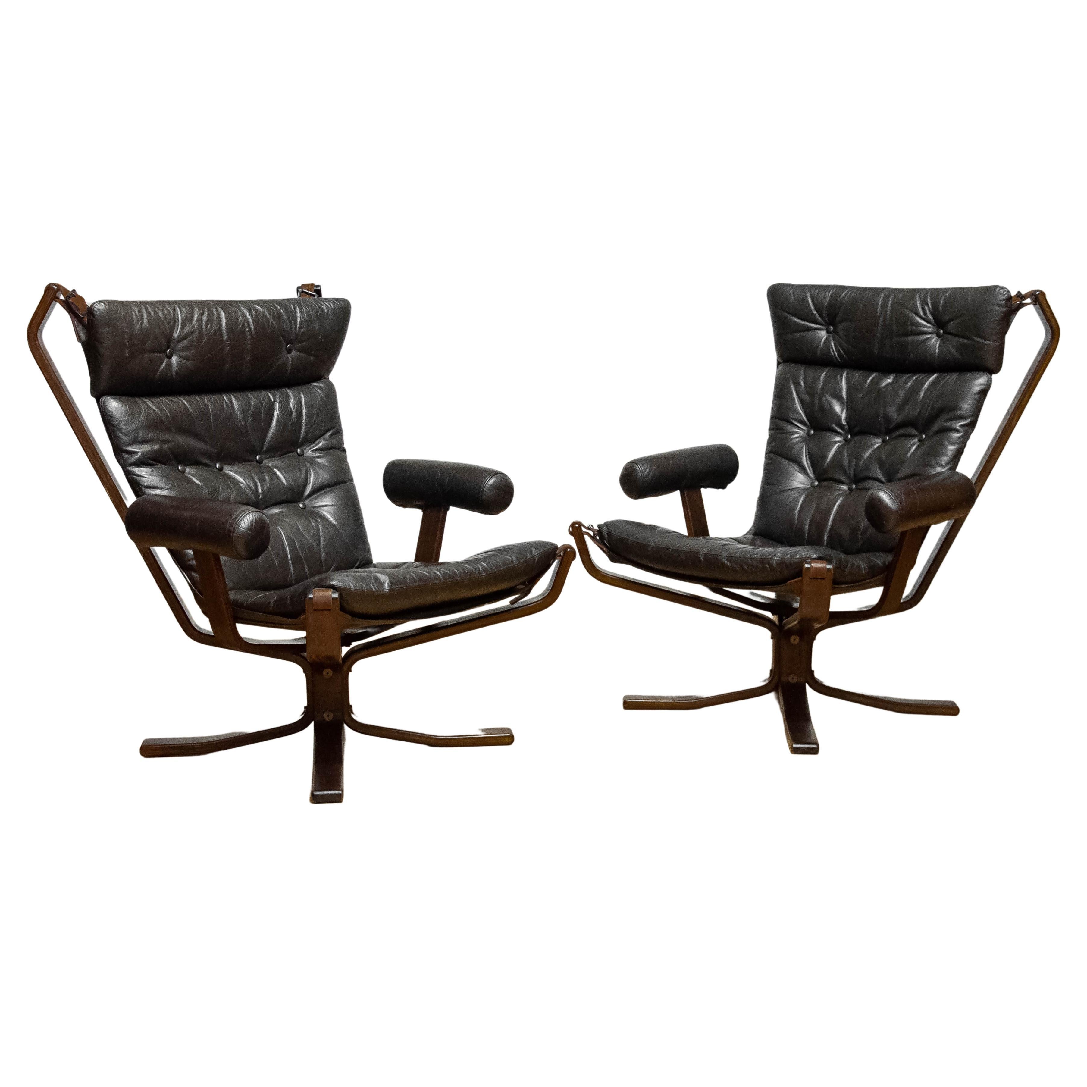 Pair Dark Brown Leather Lounge Chairs 'Superstar" by Sigurd Ressell for Trygg For Sale