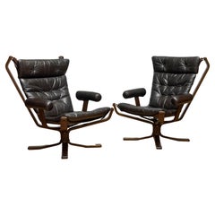 Pair Dark Brown Leather Lounge Chairs 'Superstar" by Sigurd Ressell for Trygg