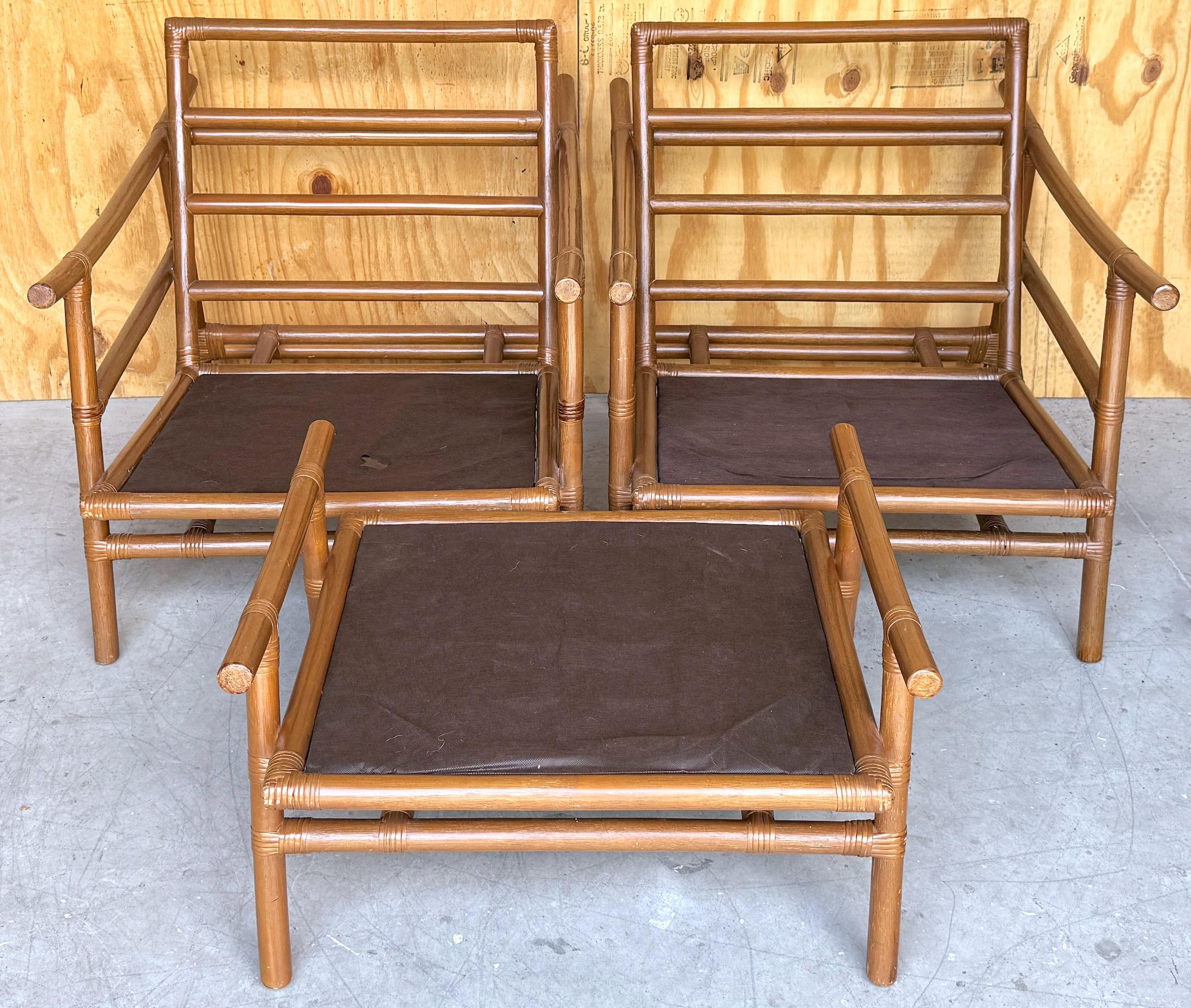 Paar Clubstühle aus dunklem Naturrattan mit Ottomane von Ficks Reed, 1960er Jahre im Angebot 7