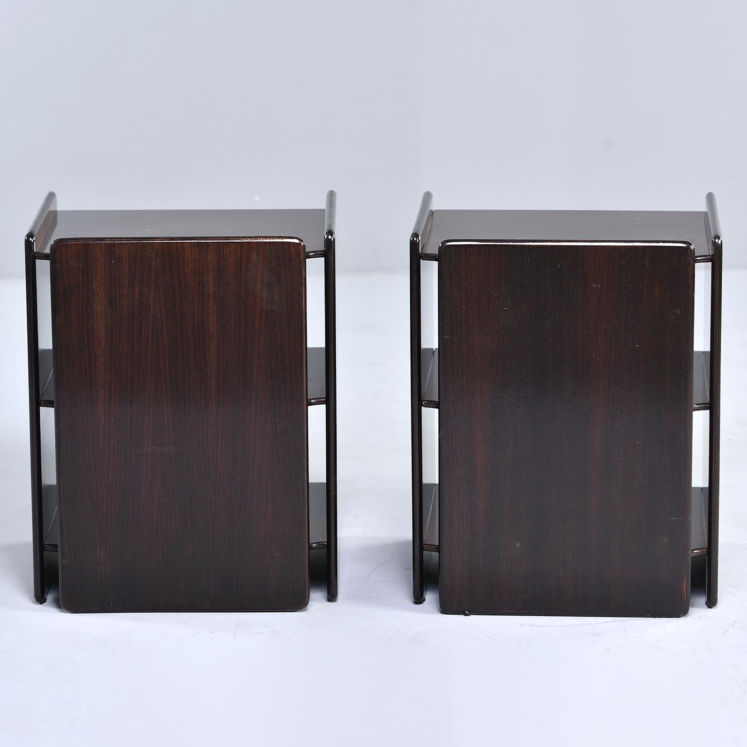 European Pair of Dark Walnut Side Tables with Two Open Shelves