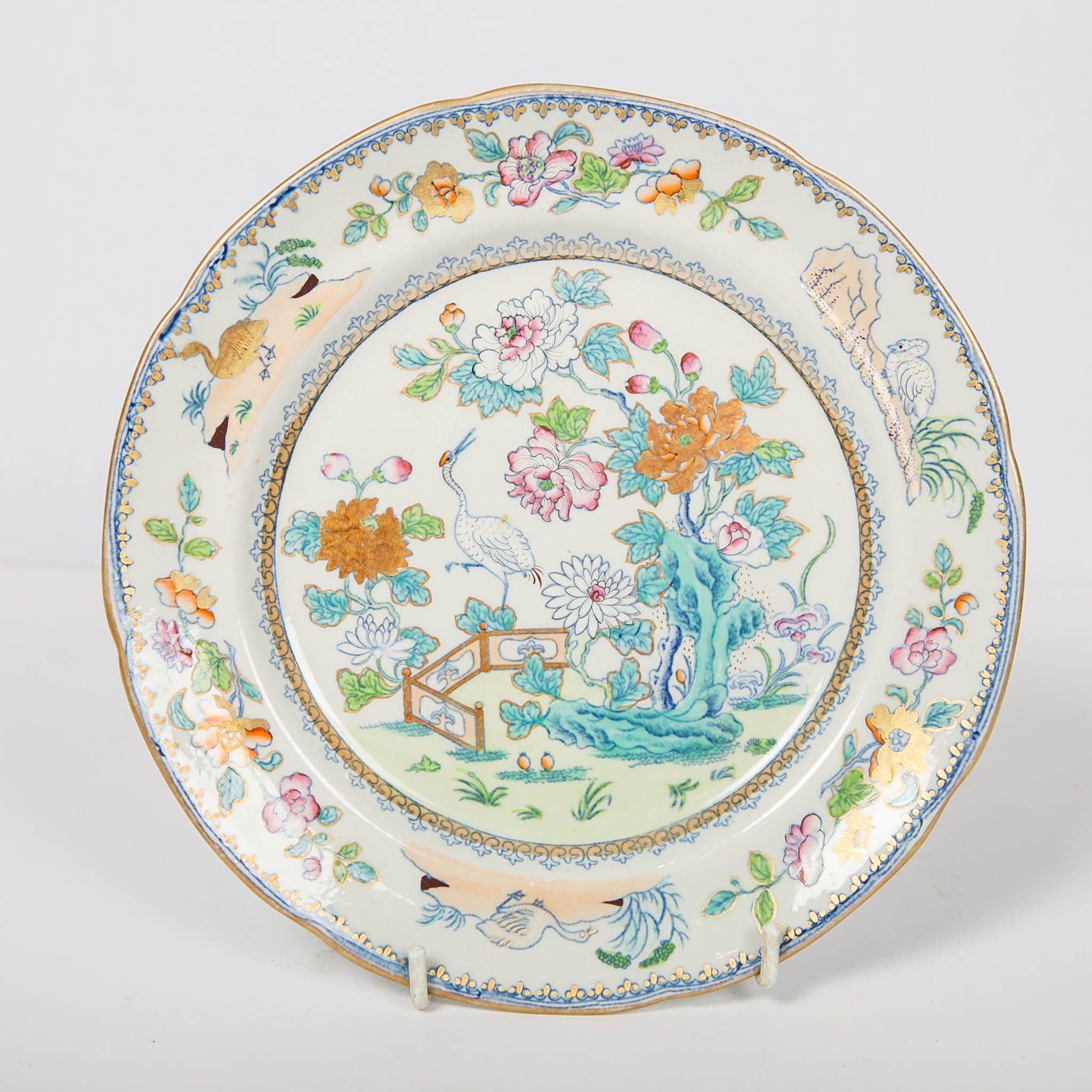 Glazed Pair of Davenport Plates with a Chinoiserie Design Turquoise and Pink