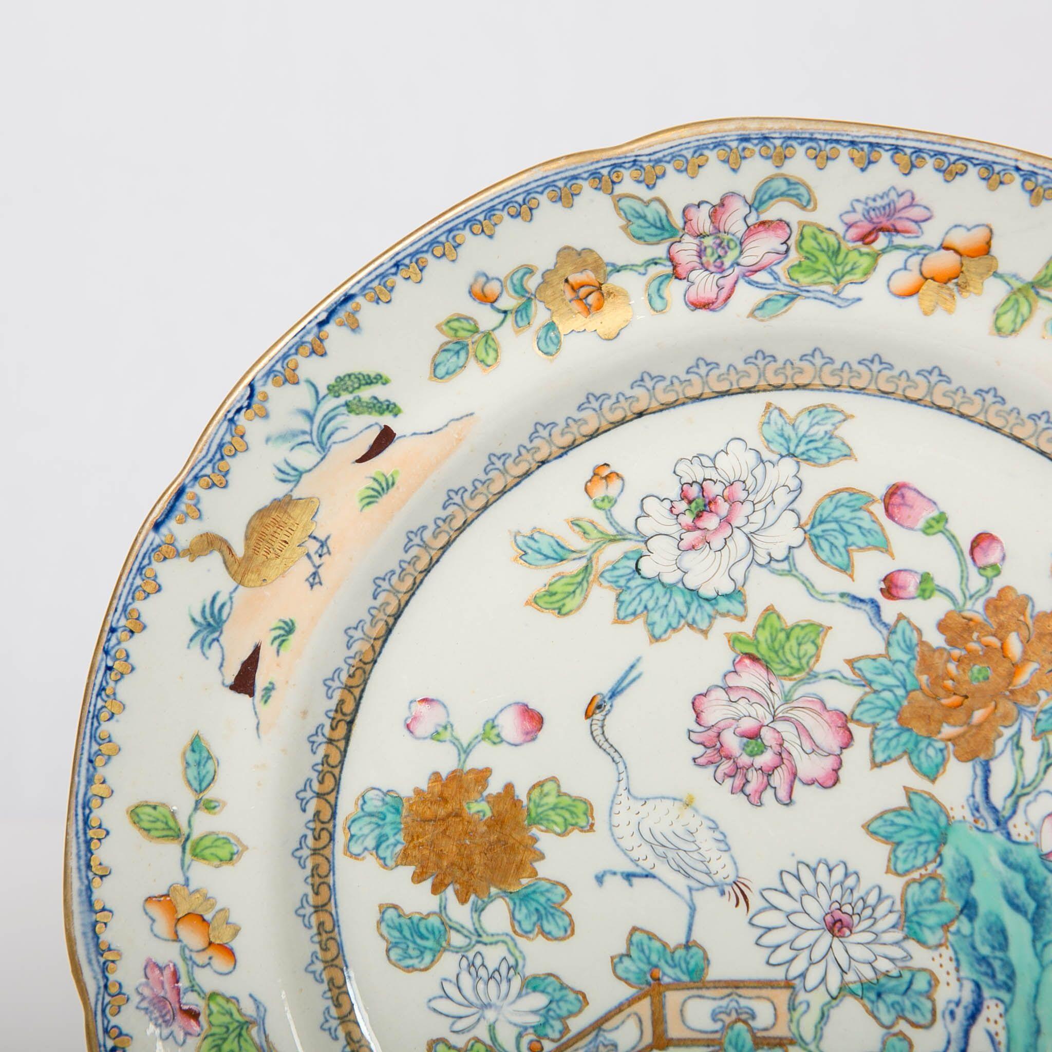 Ironstone Pair of Davenport Plates with a Chinoiserie Design Turquoise and Pink