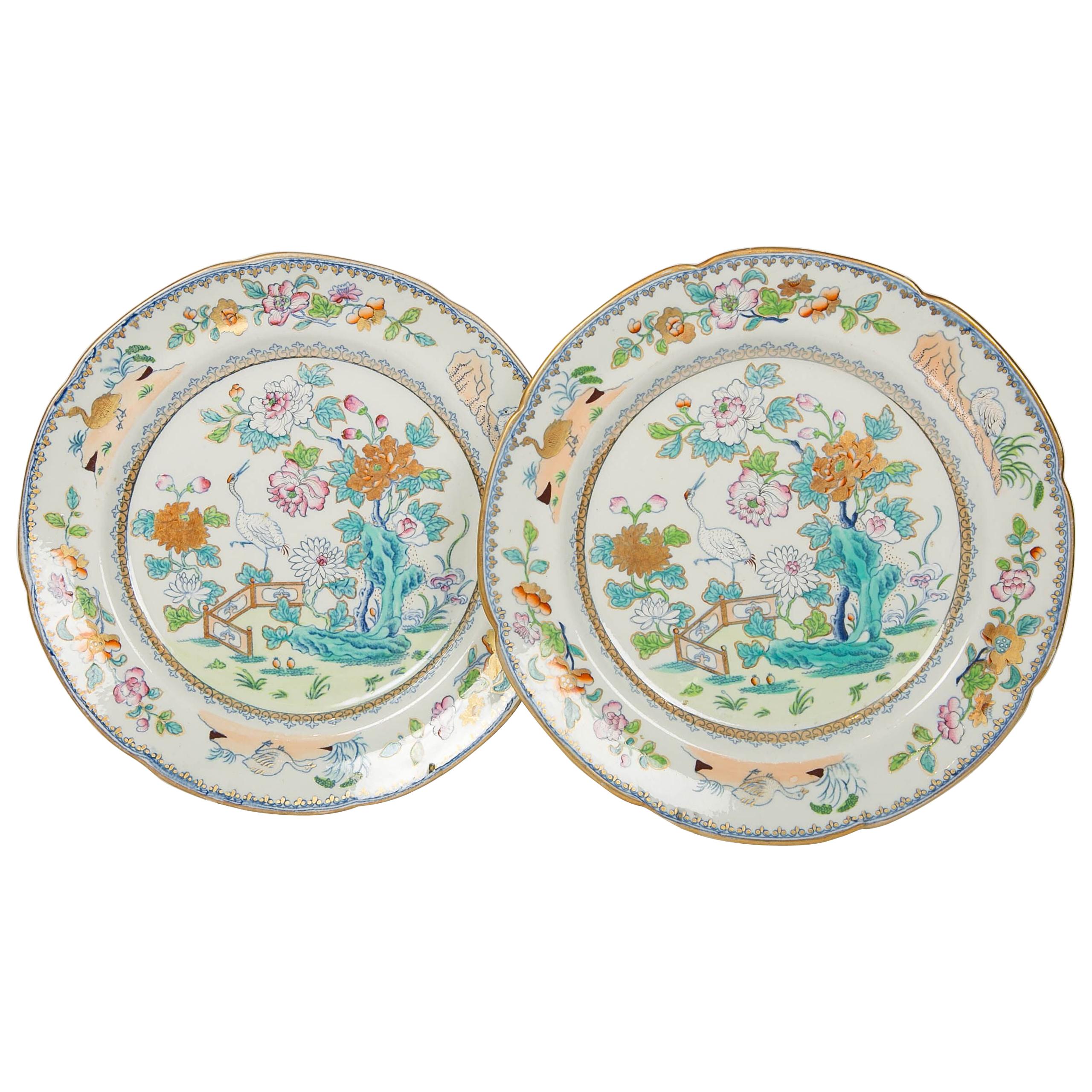 Pair of Davenport Plates with a Chinoiserie Design Turquoise and Pink