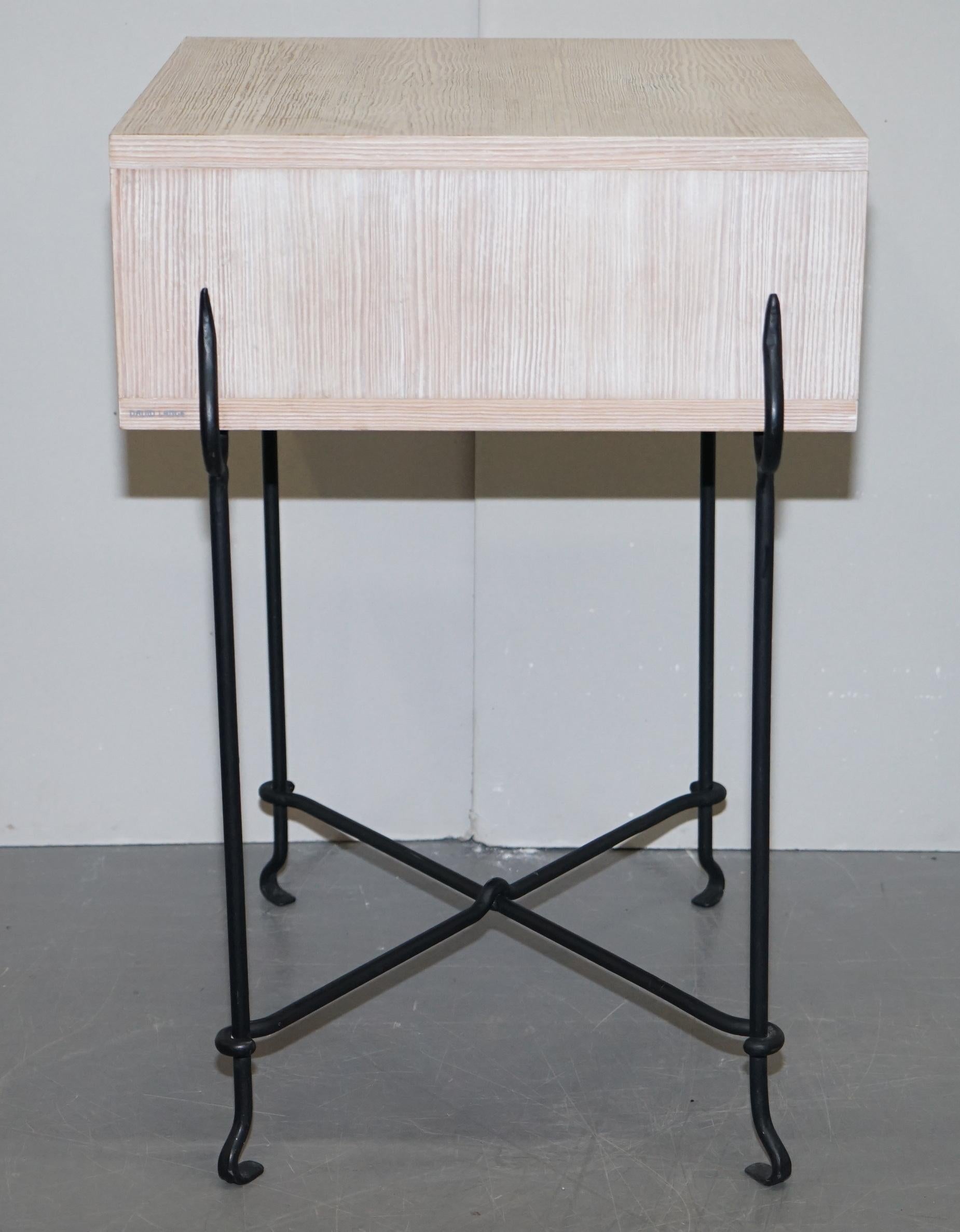 Pair David Lange Bleached Oak Bedside Side Tables Wrought Iron Base Part Suite 8