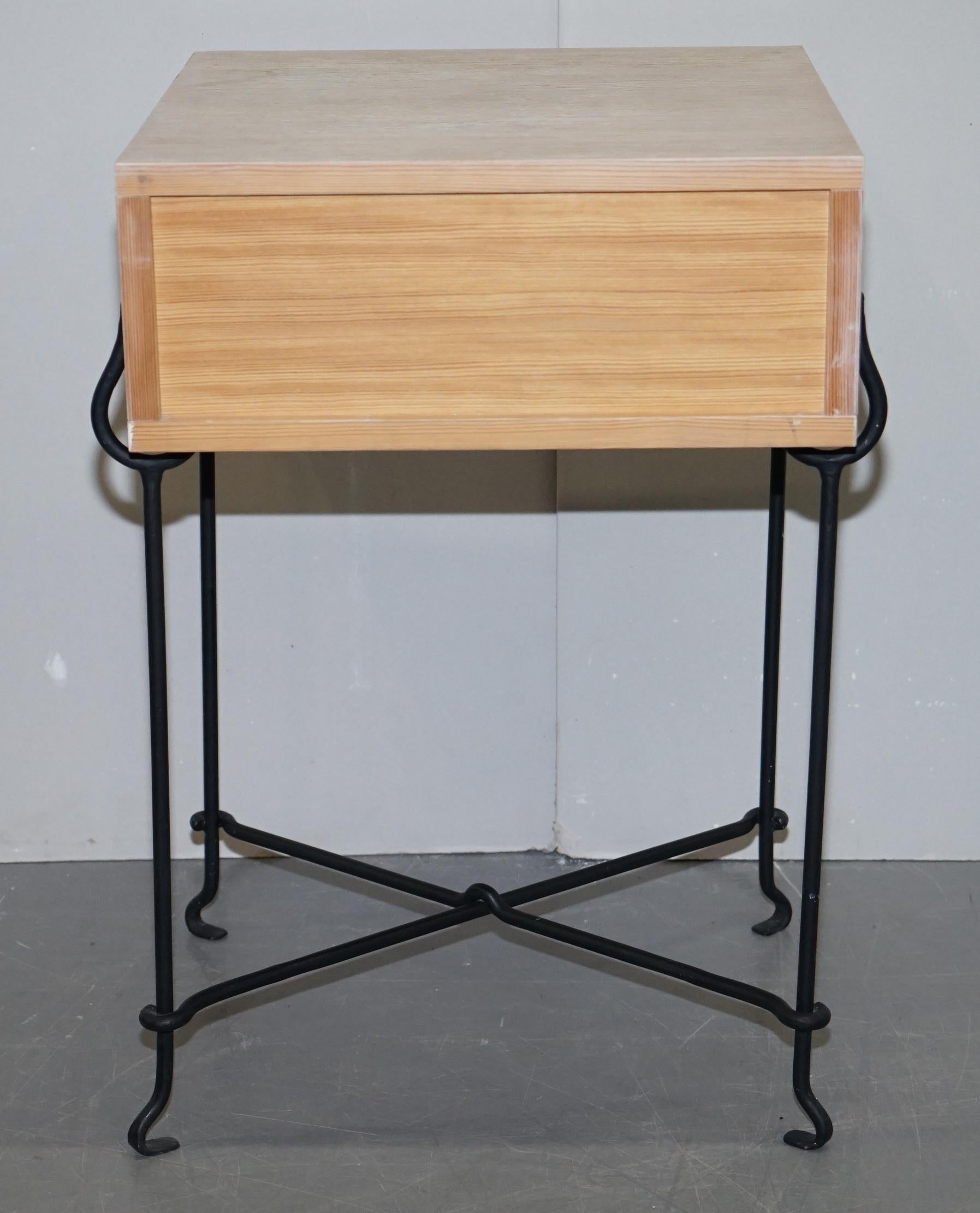 Pair David Lange Bleached Oak Bedside Side Tables Wrought Iron Base Part Suite 9