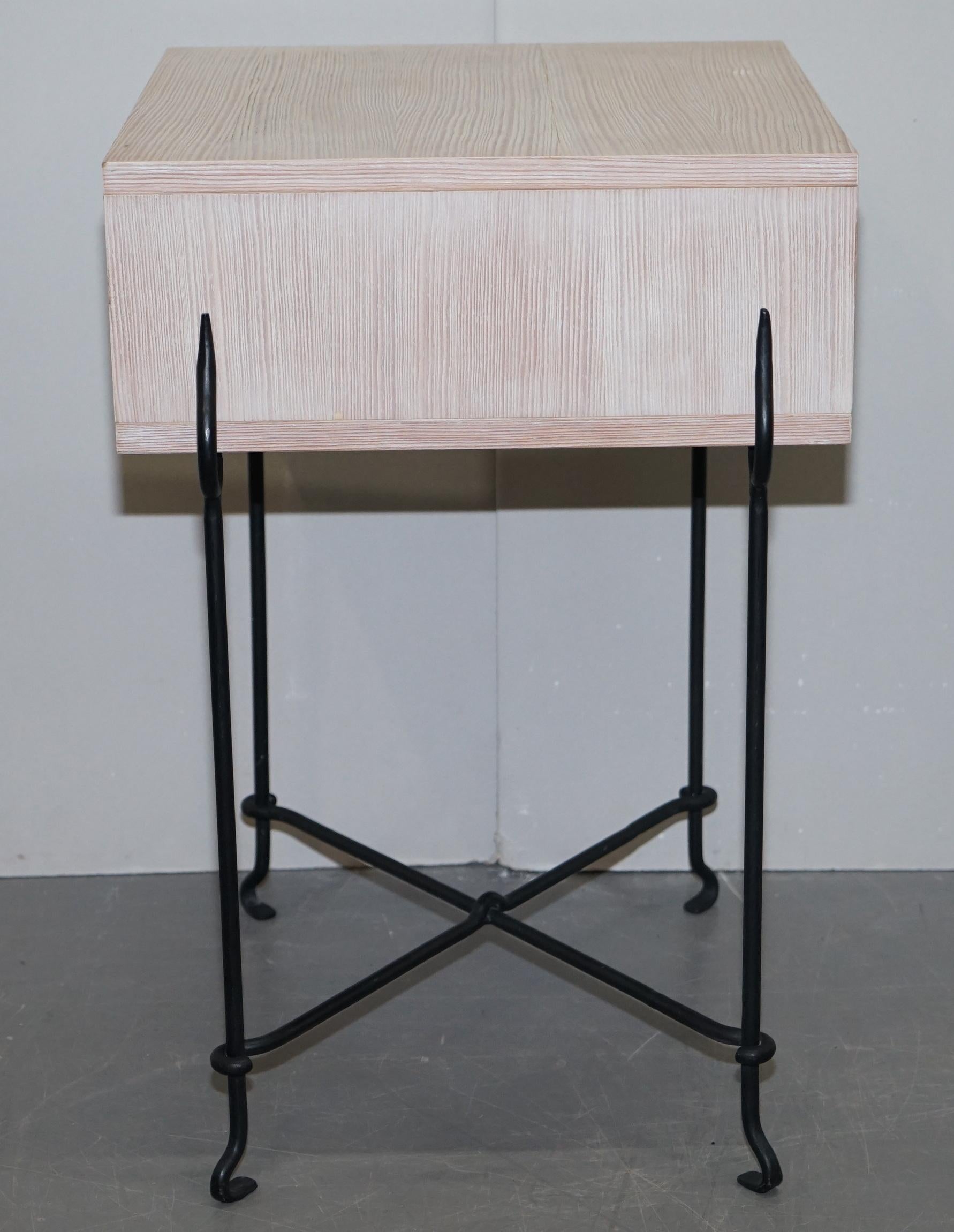 Pair David Lange Bleached Oak Bedside Side Tables Wrought Iron Base Part Suite 2