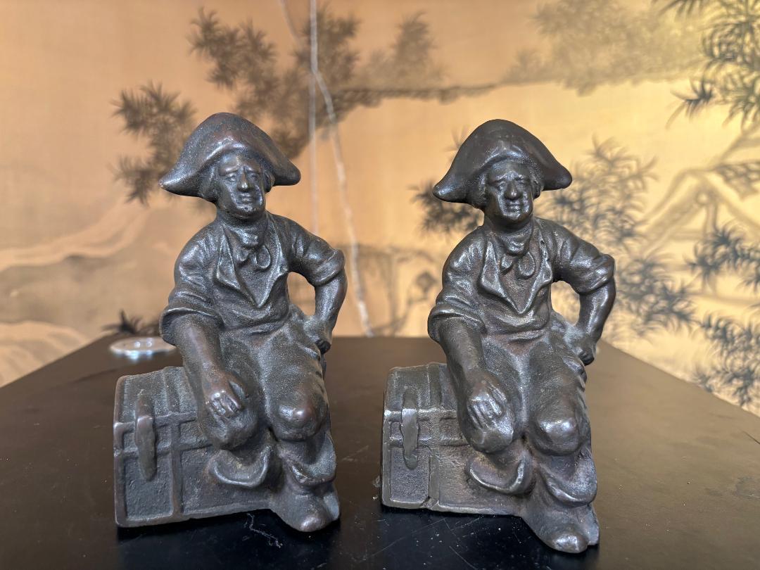 Mid-Century Modern  Pair Davy Jones Pirate Treasure Chest Bookends With Skull And Cross Bones Hats For Sale