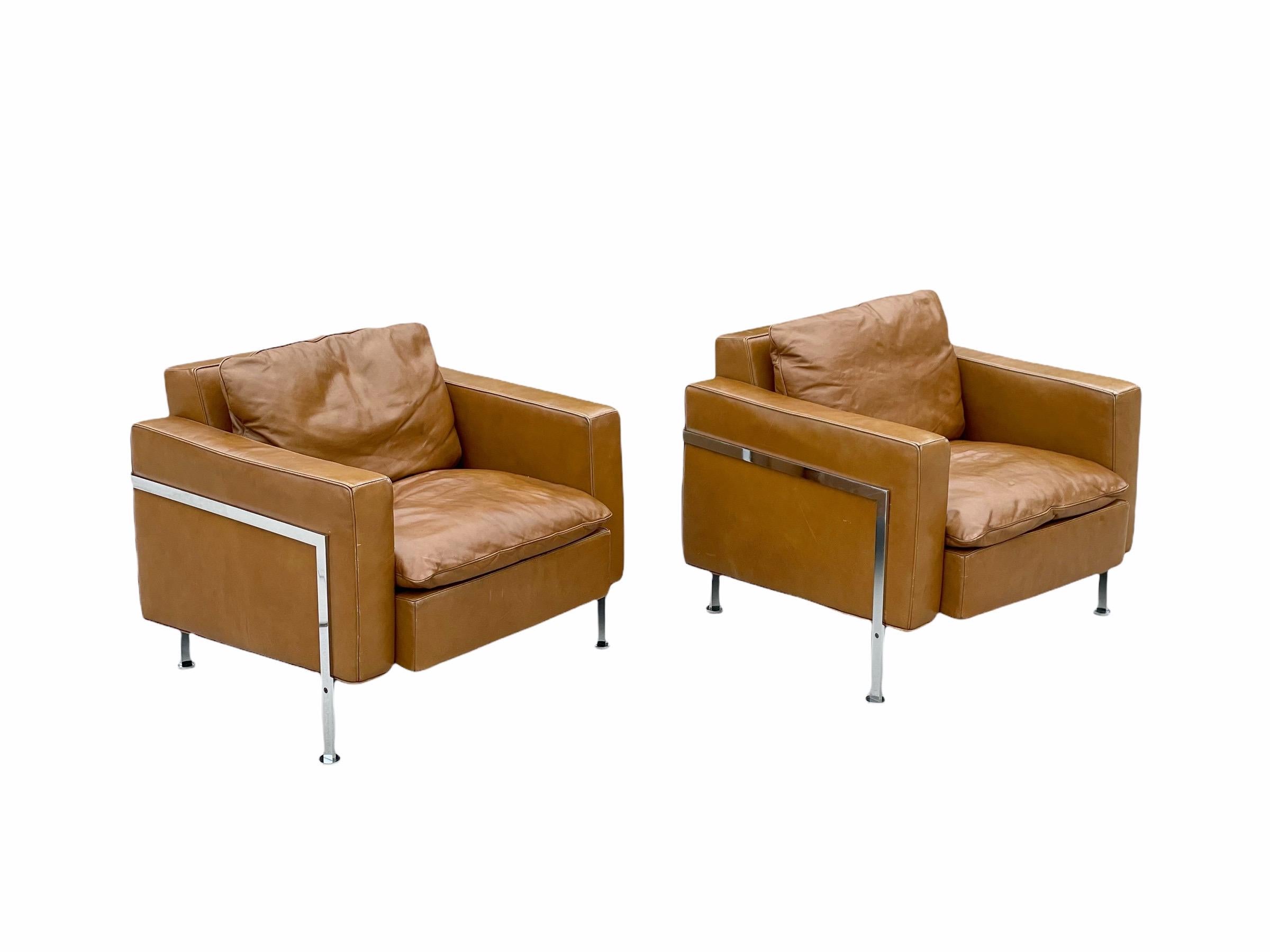 Pair De Sede Robert Haussmann Model RH 302 Lounge Arm Chairs, Leather + Chrome For Sale 5