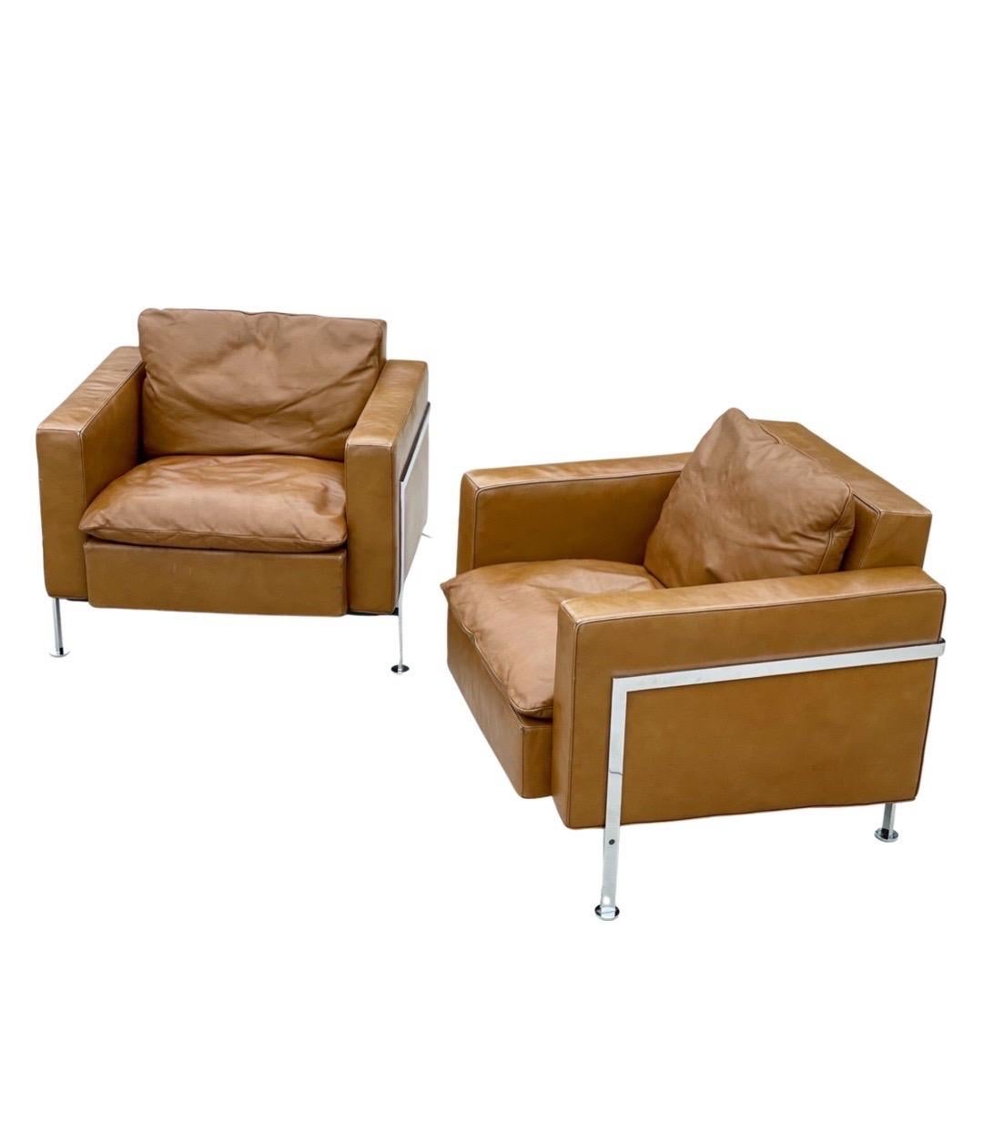 Pair De Sede Robert Haussmann Model RH 302 Lounge Arm Chairs, Leather + Chrome 7