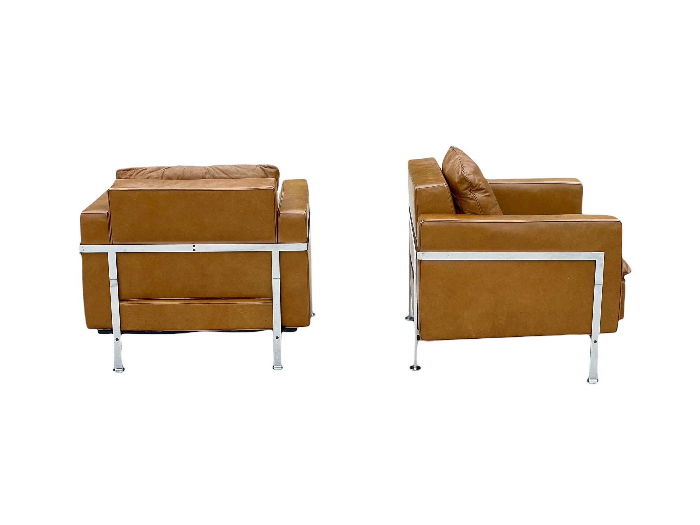 Mid-Century Modern Pair De Sede Robert Haussmann Model RH 302 Lounge Arm Chairs, Leather + Chrome For Sale
