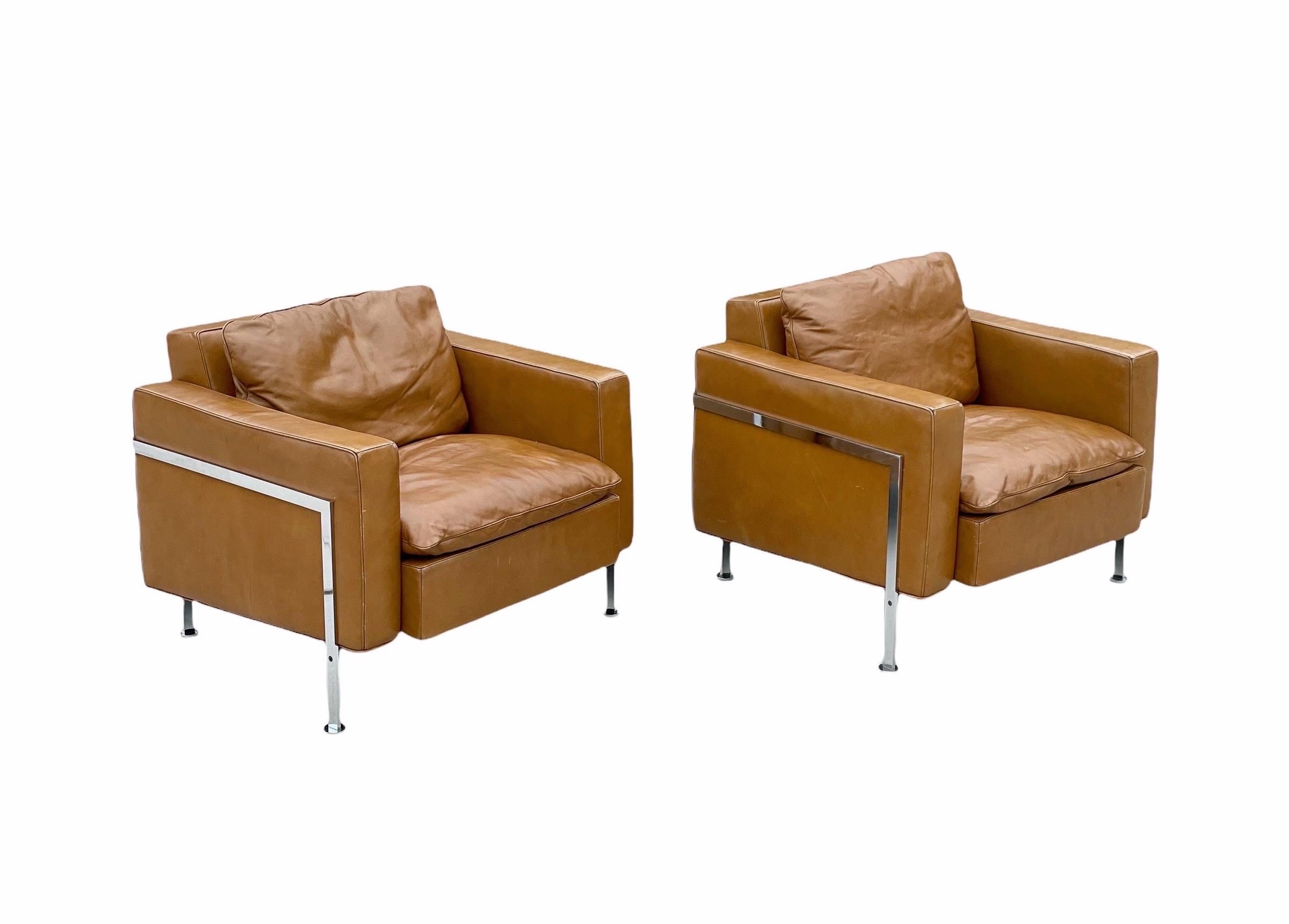 Swiss Pair De Sede Robert Haussmann Model RH 302 Lounge Arm Chairs, Leather + Chrome