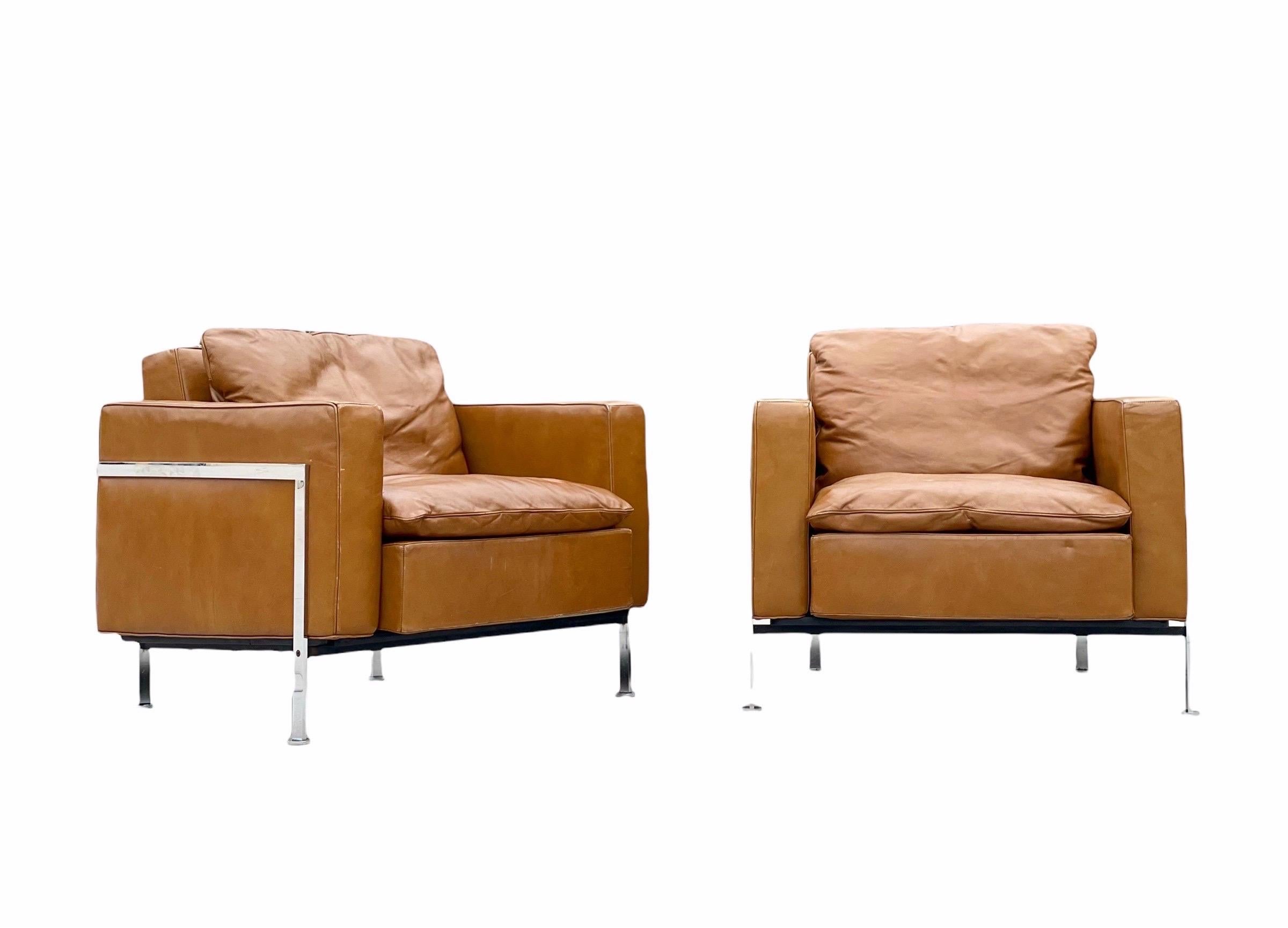 Pair De Sede Robert Haussmann Model RH 302 Lounge Arm Chairs, Leather + Chrome In Good Condition In Decatur, GA