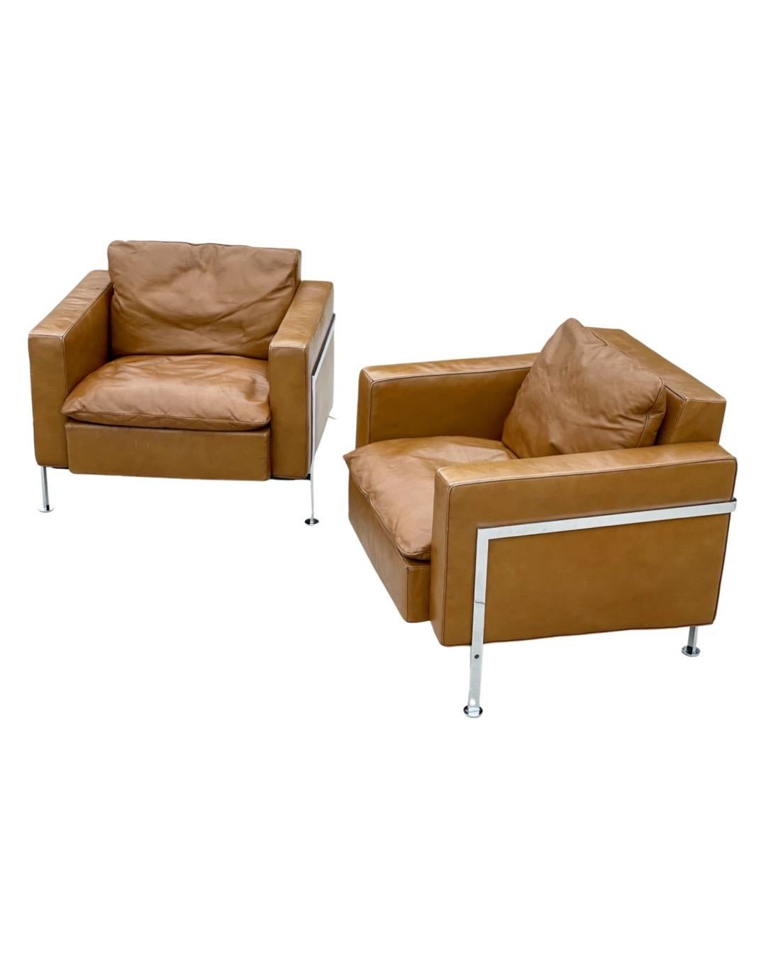 Mid-20th Century Pair De Sede Robert Haussmann Model RH 302 Lounge Arm Chairs, Leather + Chrome For Sale