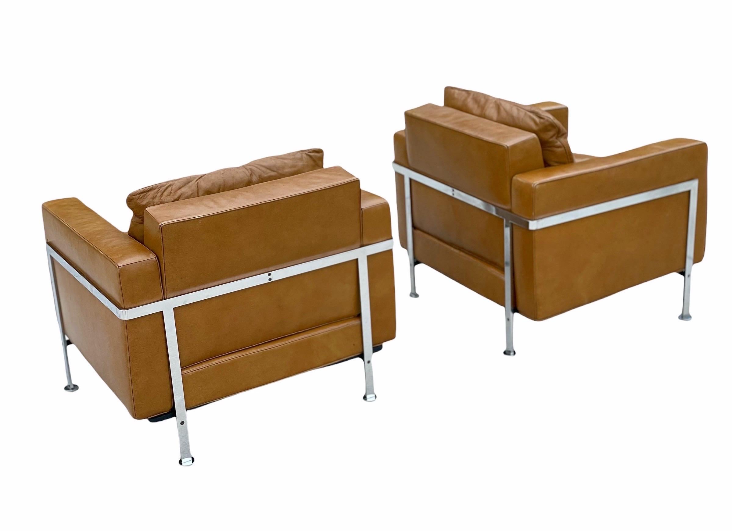 Pair De Sede Robert Haussmann Model RH 302 Lounge Arm Chairs, Leather + Chrome 2