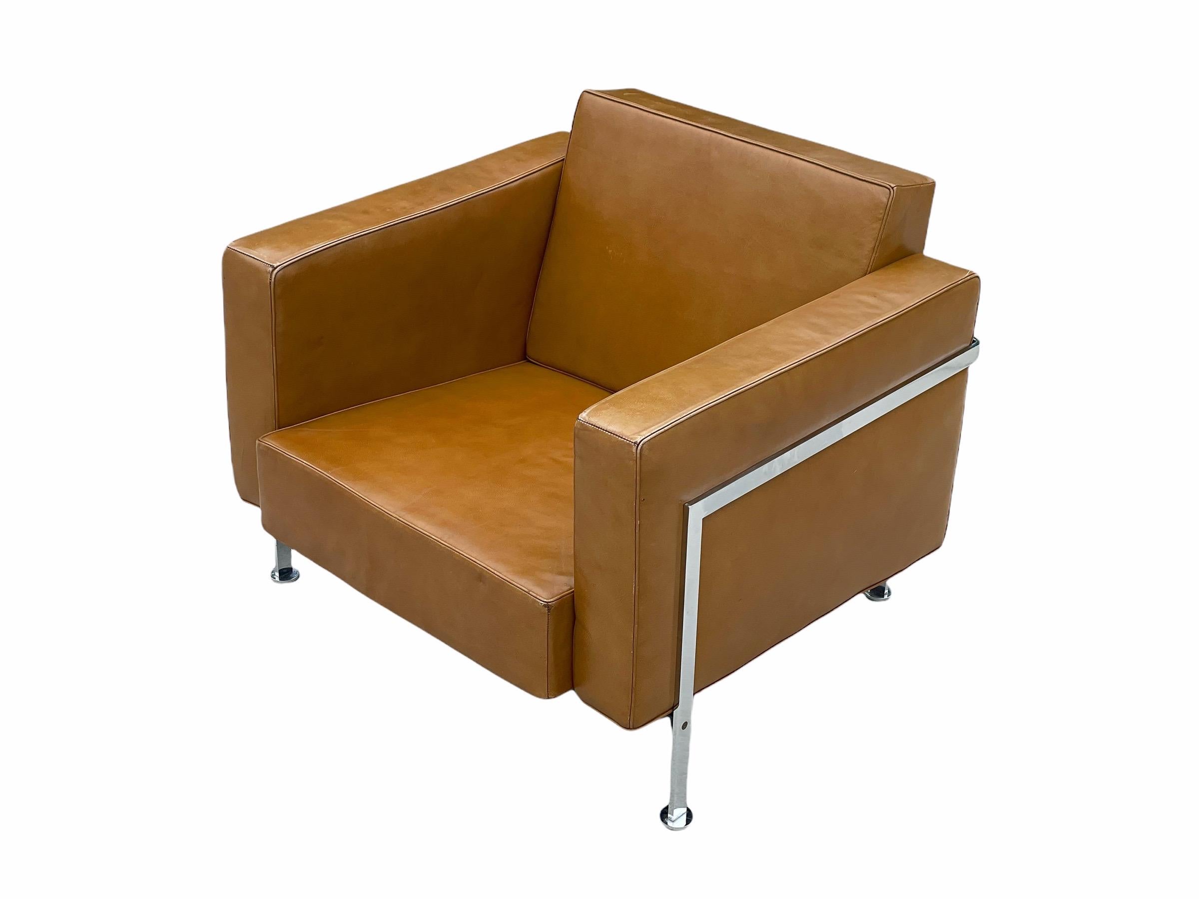 Pair De Sede Robert Haussmann Model RH 302 Lounge Arm Chairs, Leather + Chrome For Sale 2