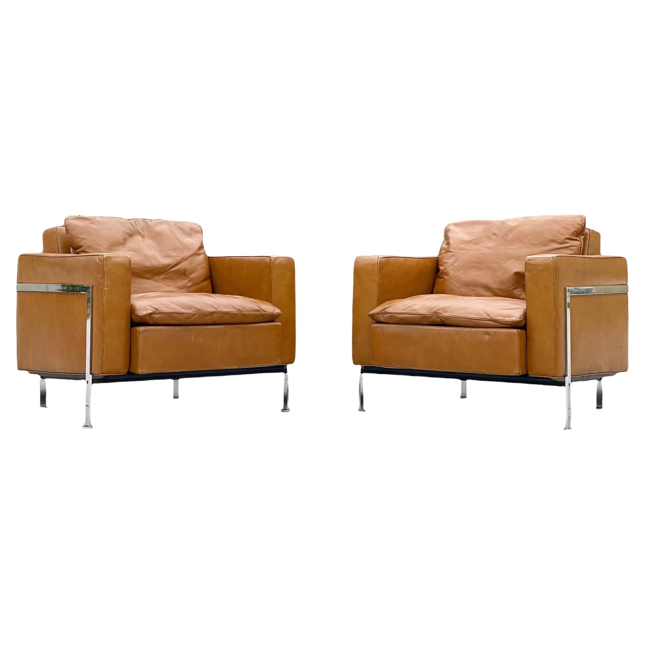 Pair De Sede Robert Haussmann Model RH 302 Lounge Arm Chairs, Leather + Chrome For Sale