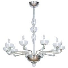 Pair of Deco Chandeliers Hand Carved Clear Color in Blown Murano Glass, Italy