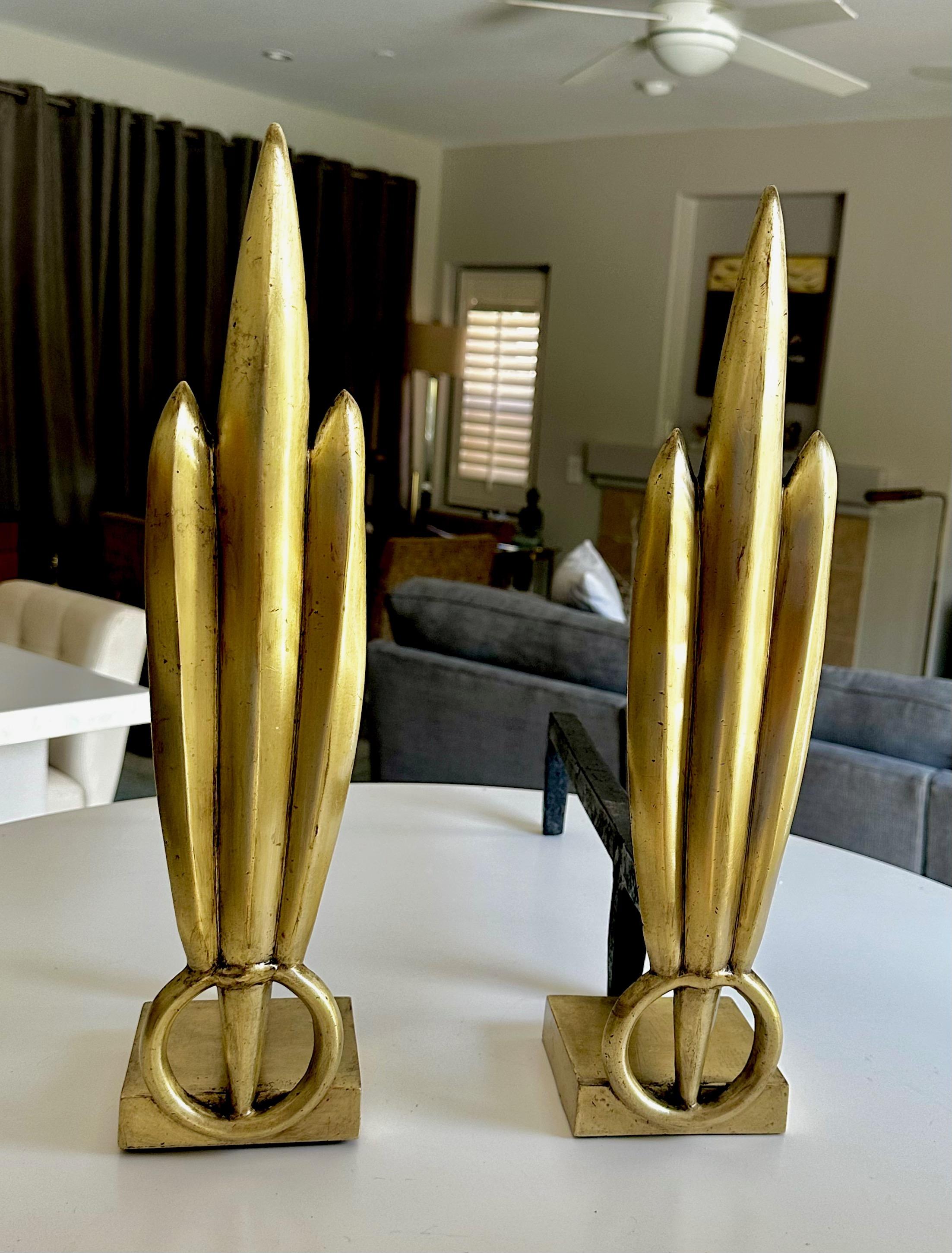 Pair of solid brass art deco skyscraper 3 column fireplace andirons from the 1930s. If you want a unique set of andirons that only few exists this is the one for you. 
