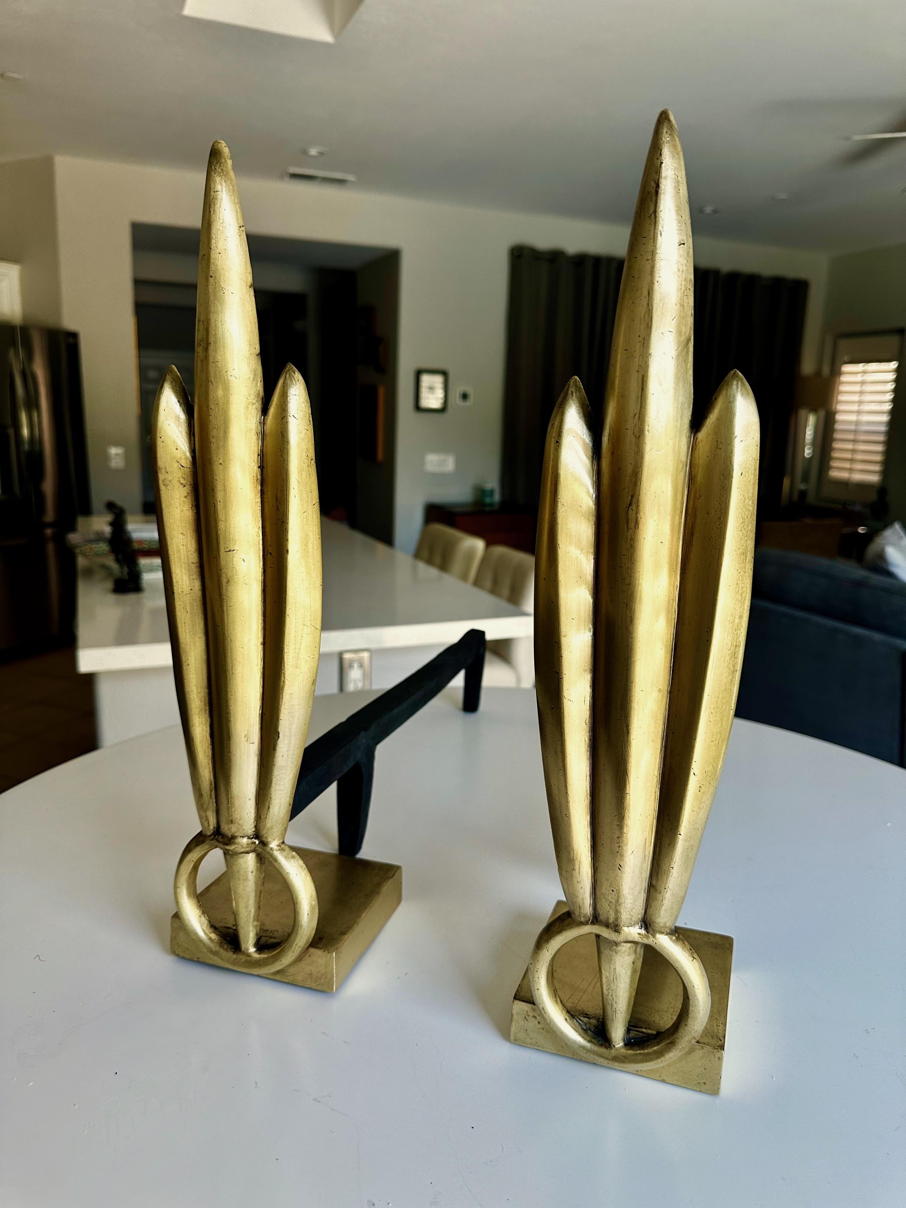 Pair Deco Skyscraper Brass Fireplace Andirons In Good Condition For Sale In Palm Springs, CA