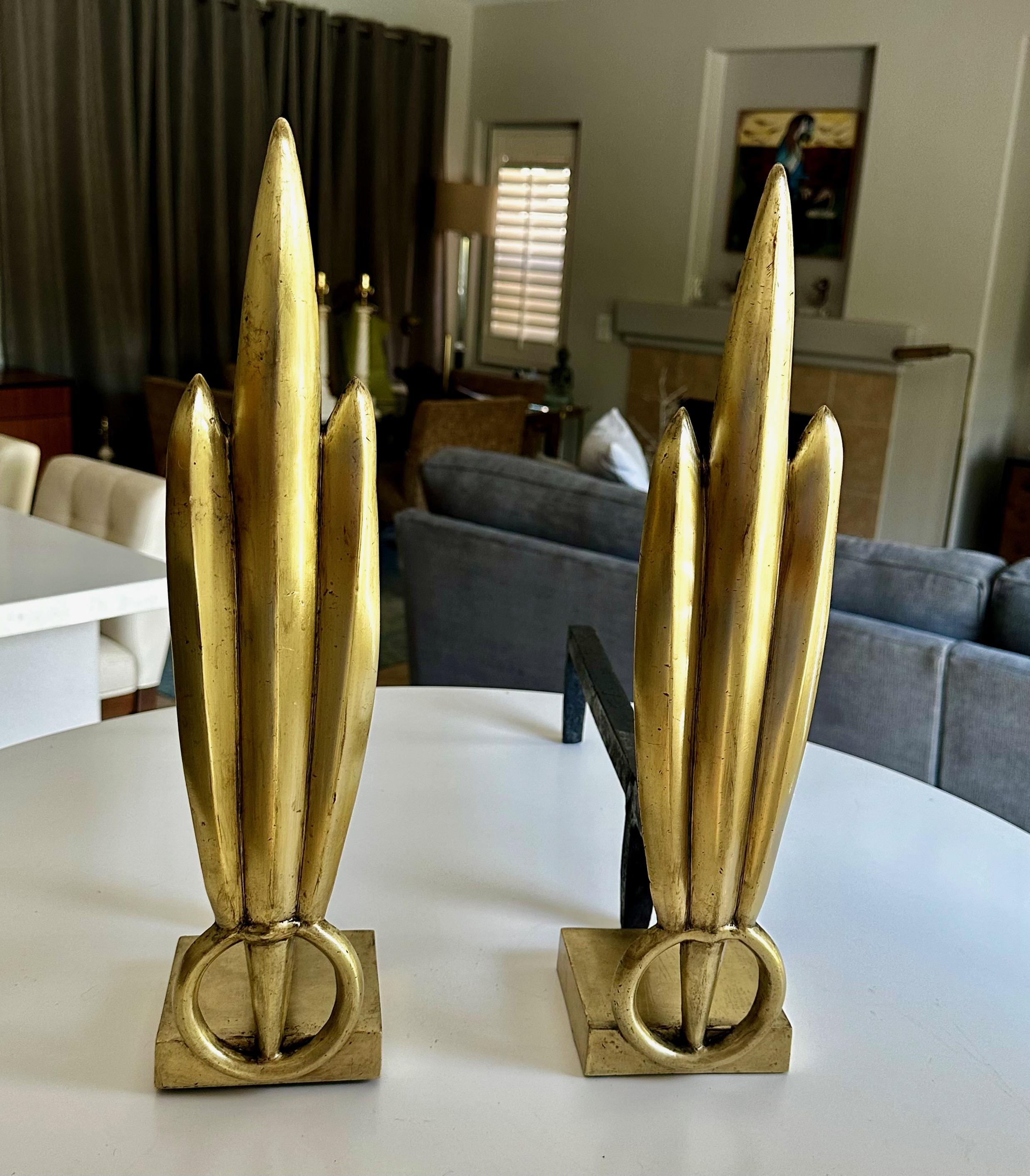 Mid-20th Century Pair Deco Skyscraper Brass Fireplace Andirons For Sale