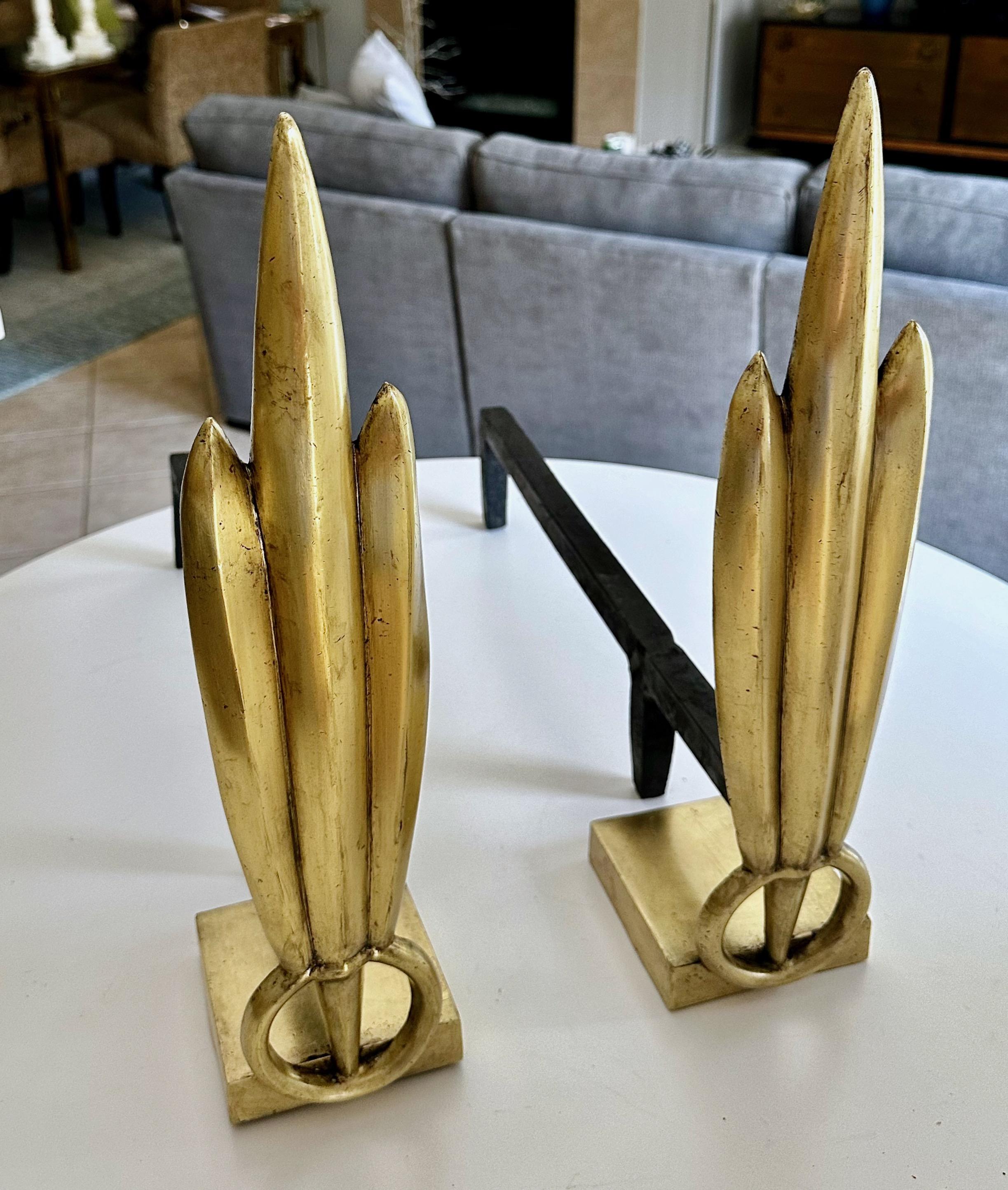 Metal Pair Deco Skyscraper Brass Fireplace Andirons For Sale