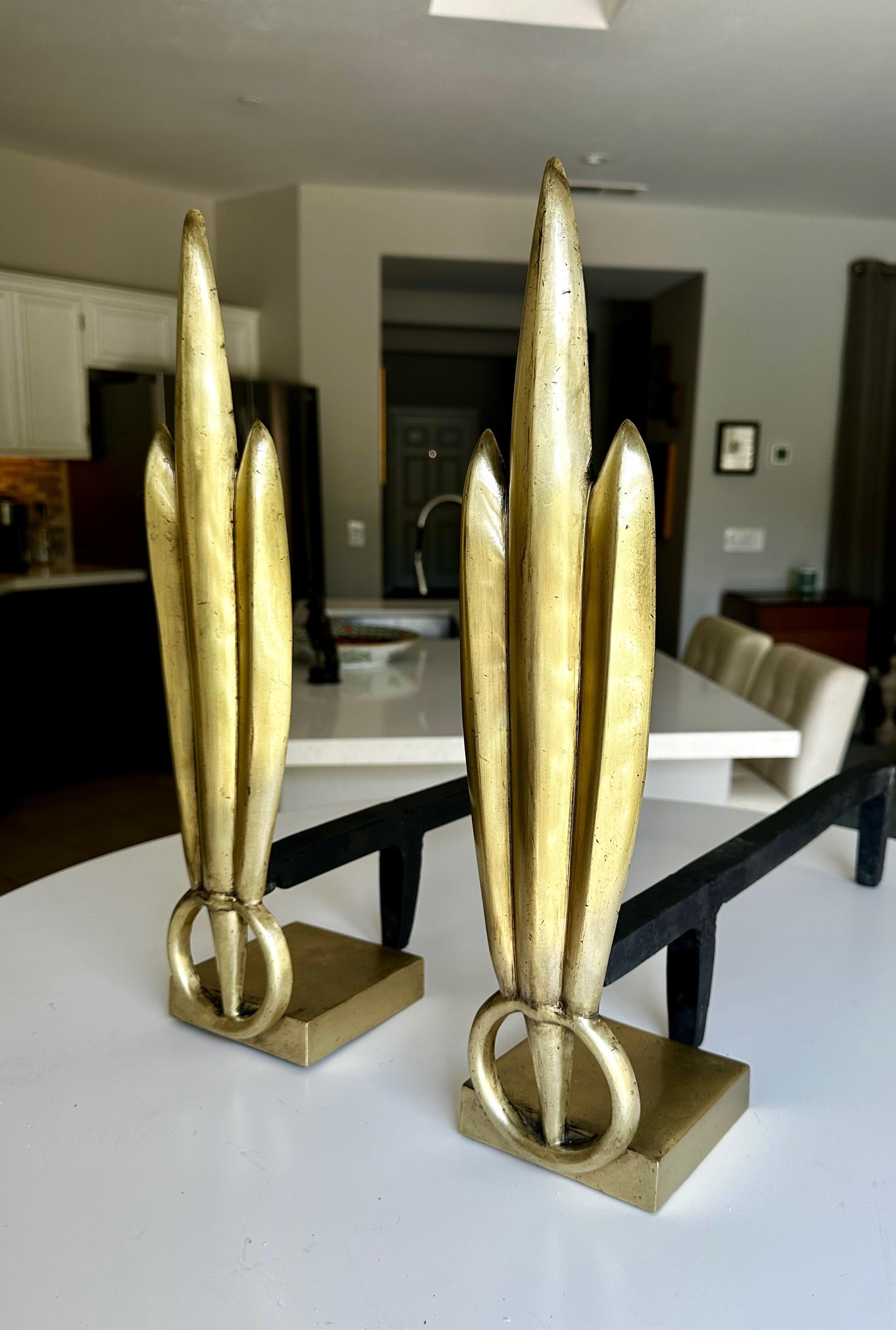 Pair Deco Skyscraper Brass Fireplace Andirons For Sale 1