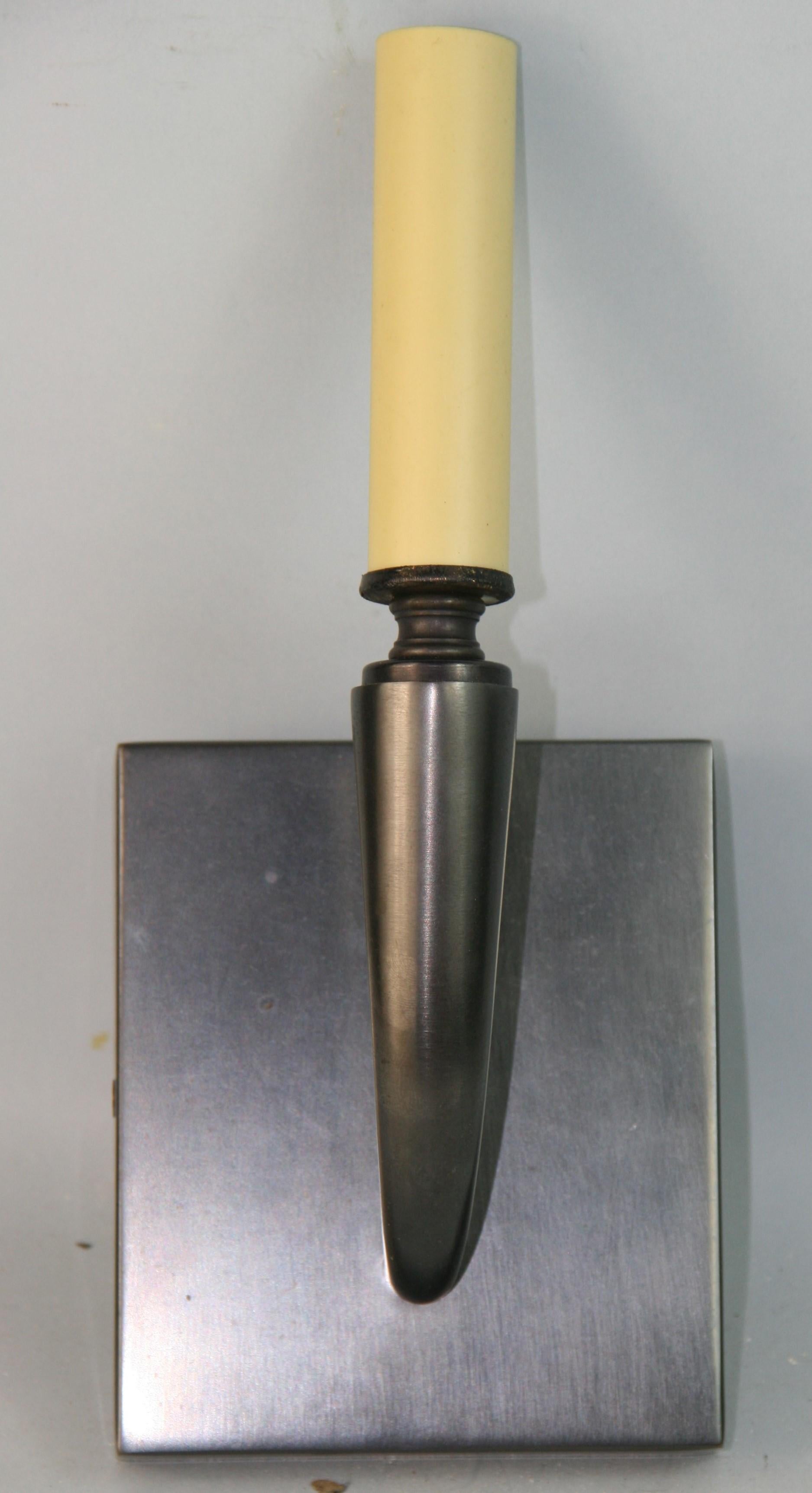 1526 Pair Deco style bronze single light sconces
Wired takes open 60 watt candelabra based bulb