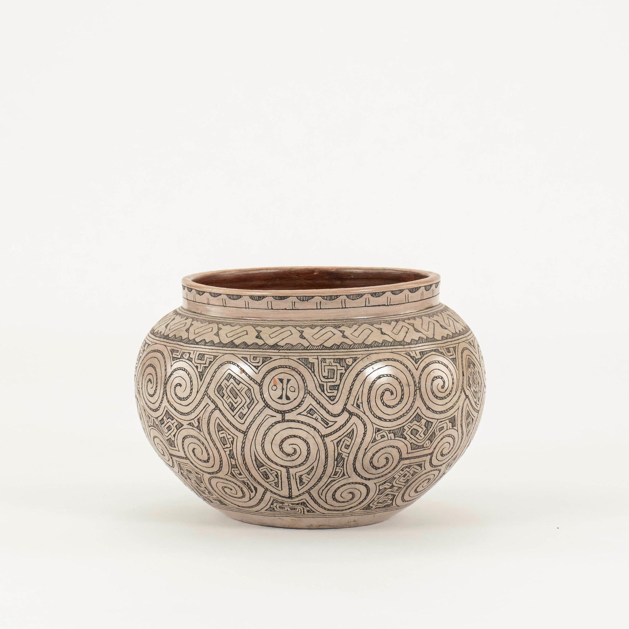 Hand-Crafted Pair Decorative Aztec Style Pottery Bowls For Sale
