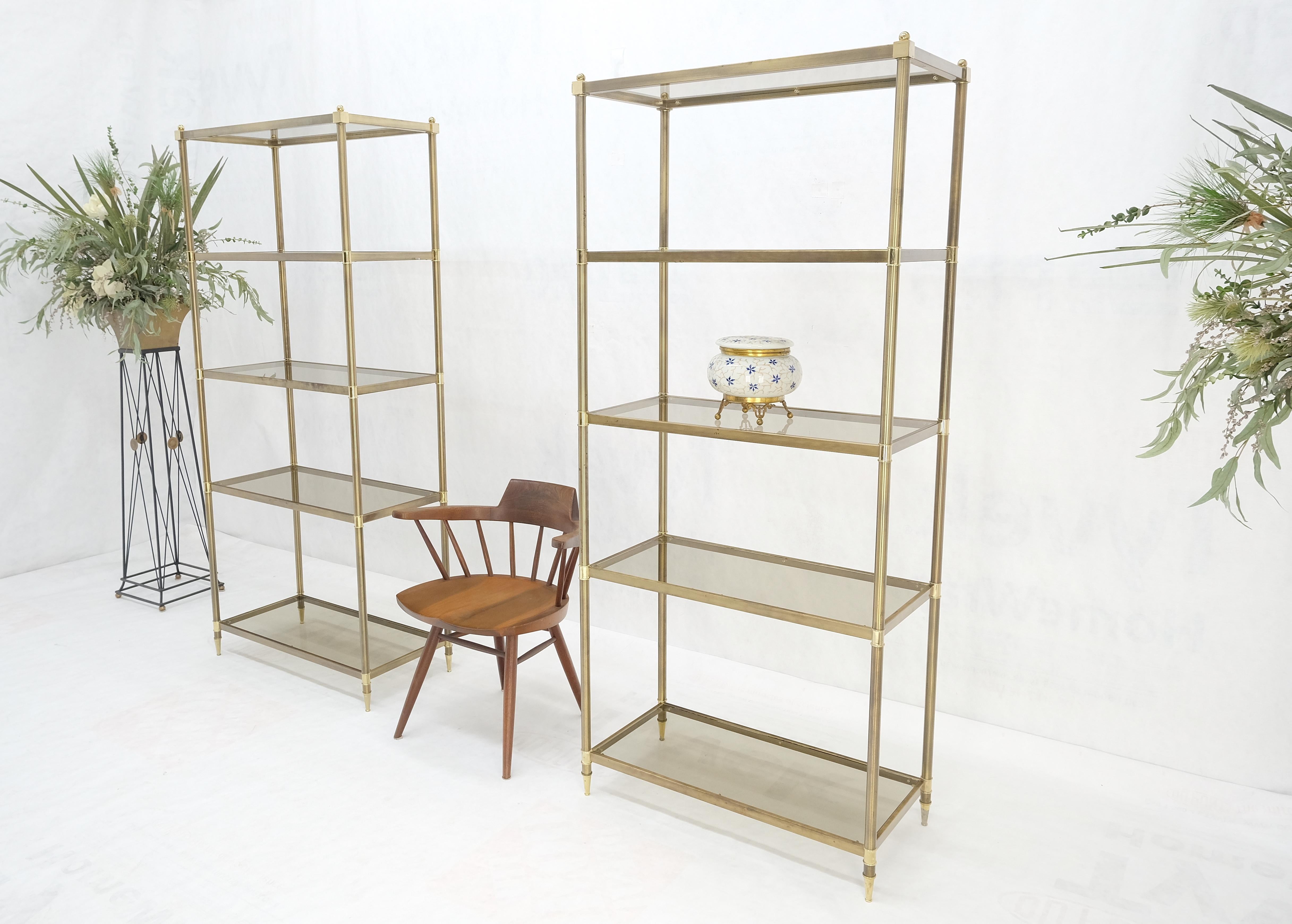 Pair Decorative Brass Smoked Glass 4 Tier Shelves Vitrines Etageres Displays  For Sale 1