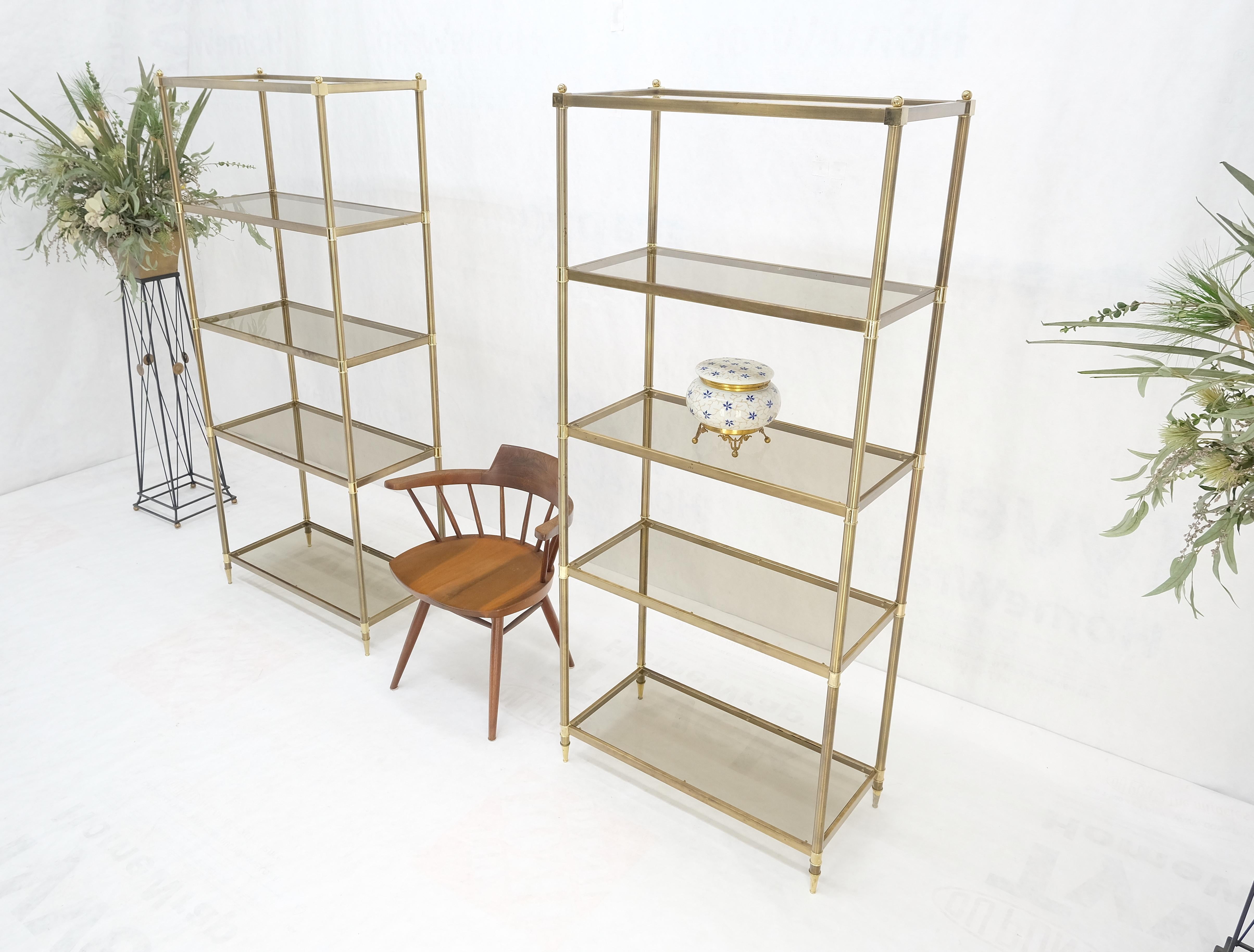 Pair Decorative Brass Smoked Glass 4 Tier Shelves Vitrines Etageres Displays  For Sale 2