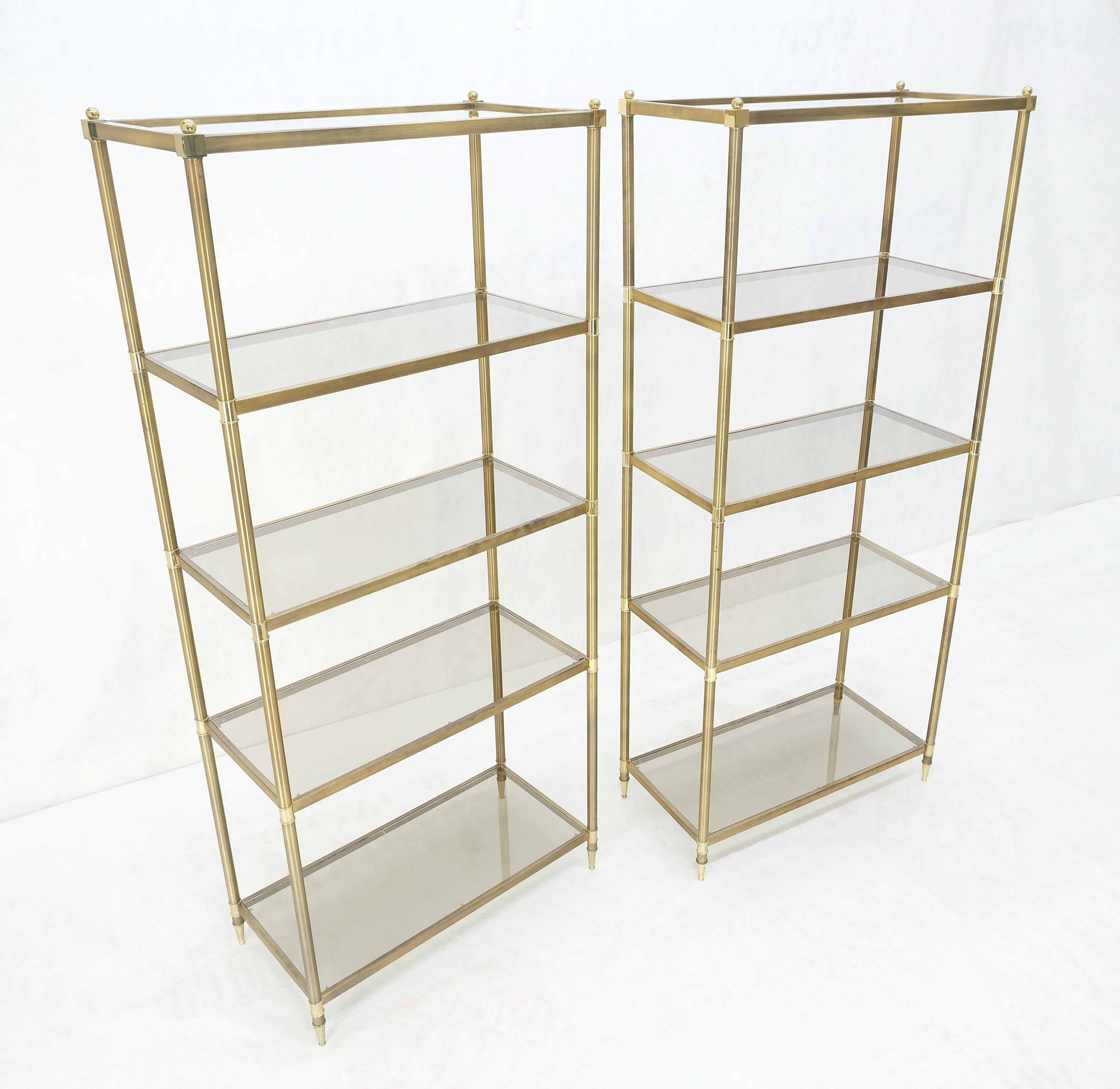 Mid-Century Modern Pair Decorative Brass Smoked Glass 4 Tier Shelves Vitrines Etageres Displays  For Sale