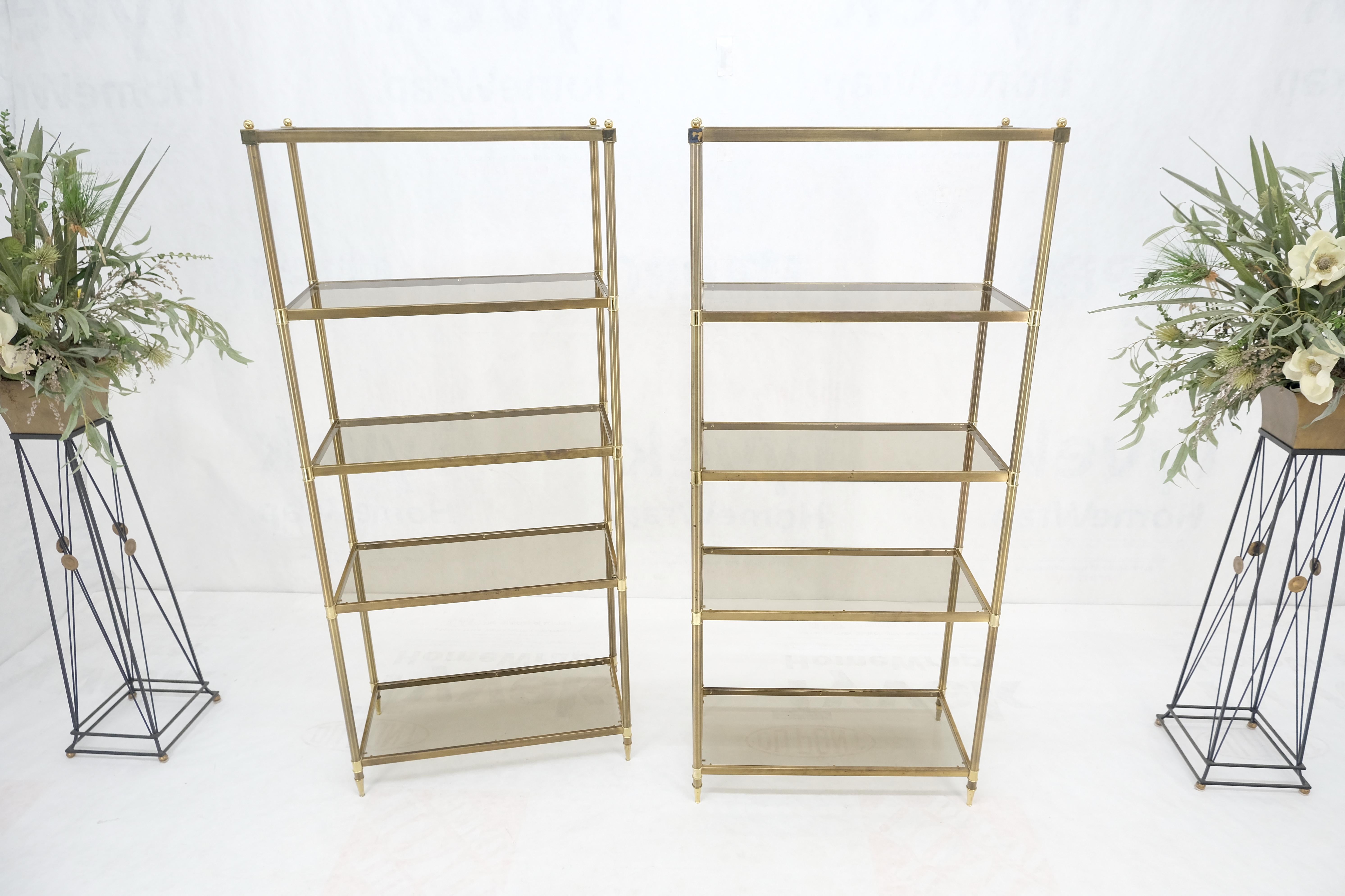 Plated Pair Decorative Brass Smoked Glass 4 Tier Shelves Vitrines Etageres Displays  For Sale