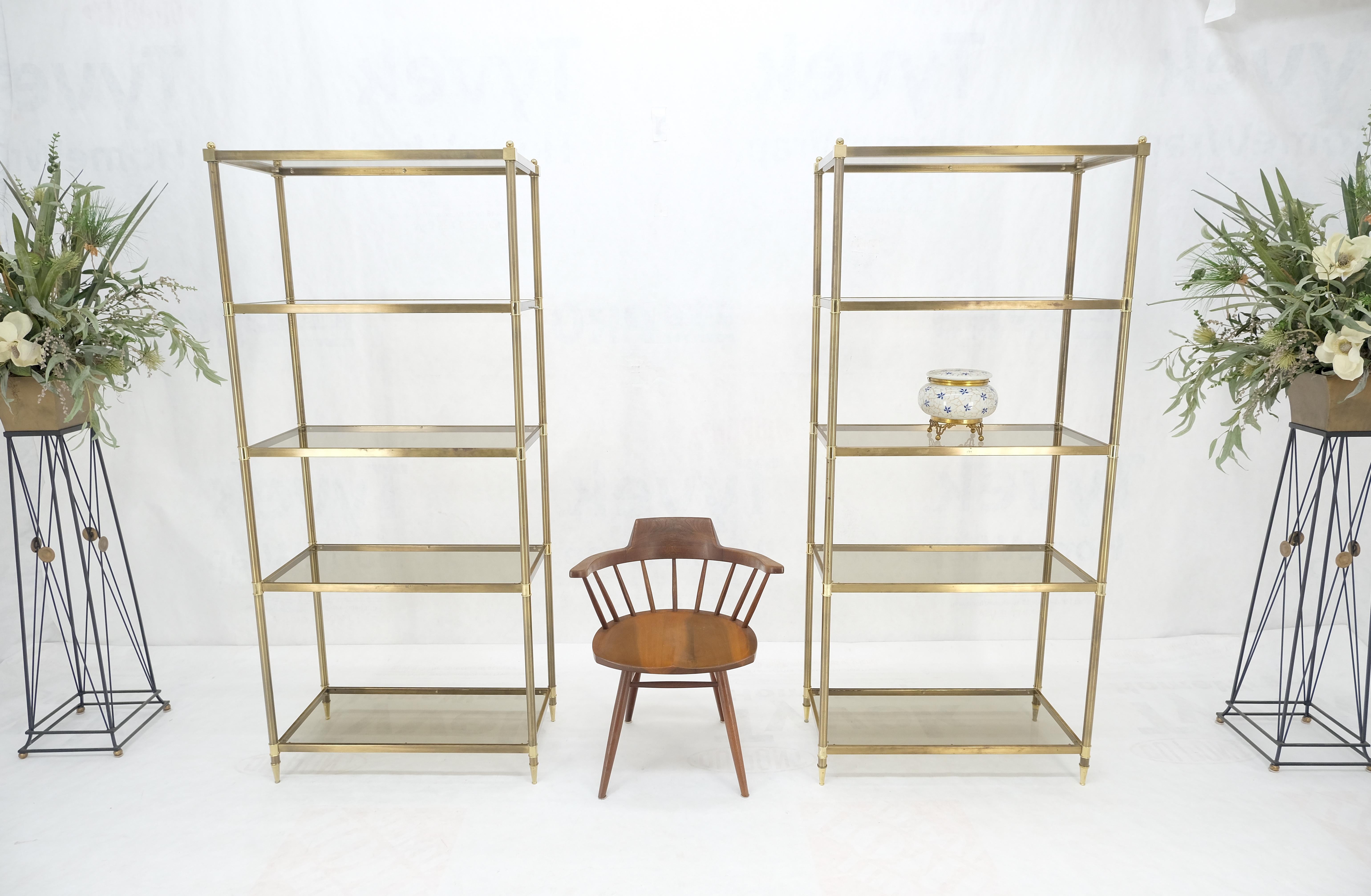 20th Century Pair Decorative Brass Smoked Glass 4 Tier Shelves Vitrines Etageres Displays  For Sale
