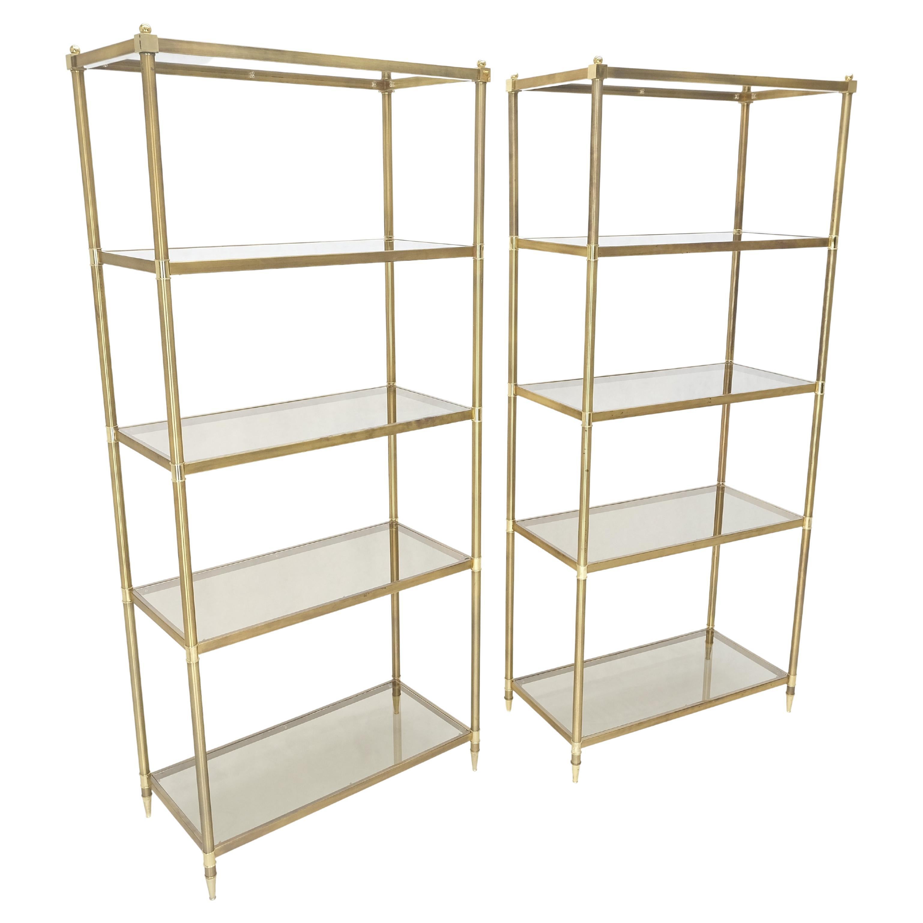 Pair Decorative Brass Smoked Glass 4 Tier Shelves Vitrines Etageres Displays  For Sale