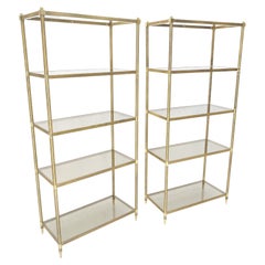Used Pair Decorative Brass Smoked Glass 4 Tier Shelves Vitrines Etageres Displays 
