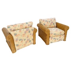 Pair Decorative c1970s Oversize Rttan Bamboo Wicker Club Lounge Chairs Mint!