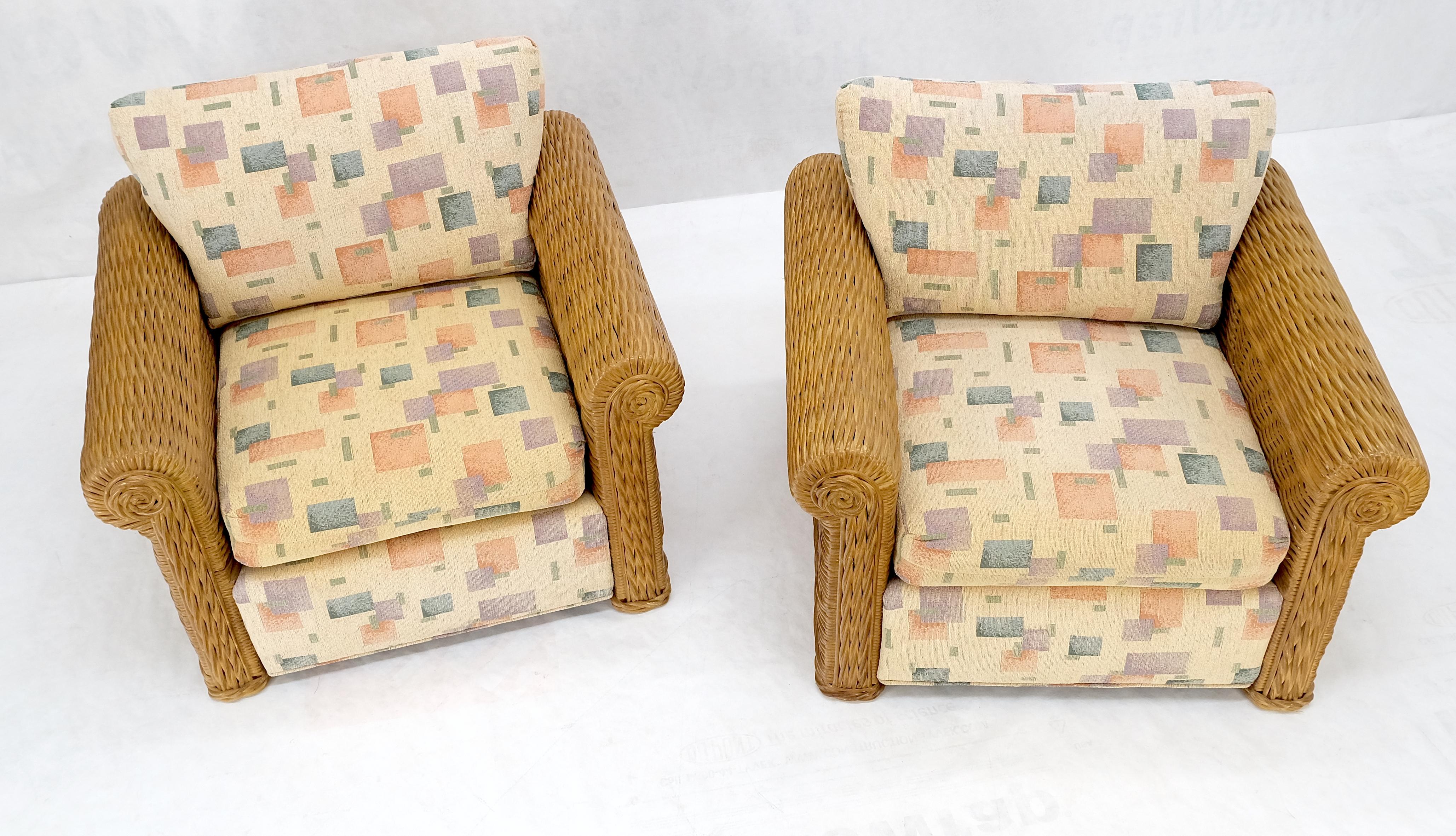 American Pair Decorative c1970s Oversize Rttan Bamboo Wicker Club Lounge Chairs Mint! For Sale