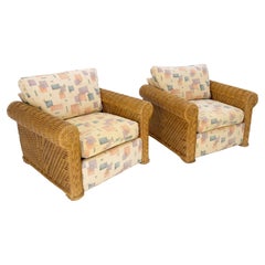 Pair Decorative c1970s Oversize Rttan Bamboo Wicker Club Lounge Chairs Mint!