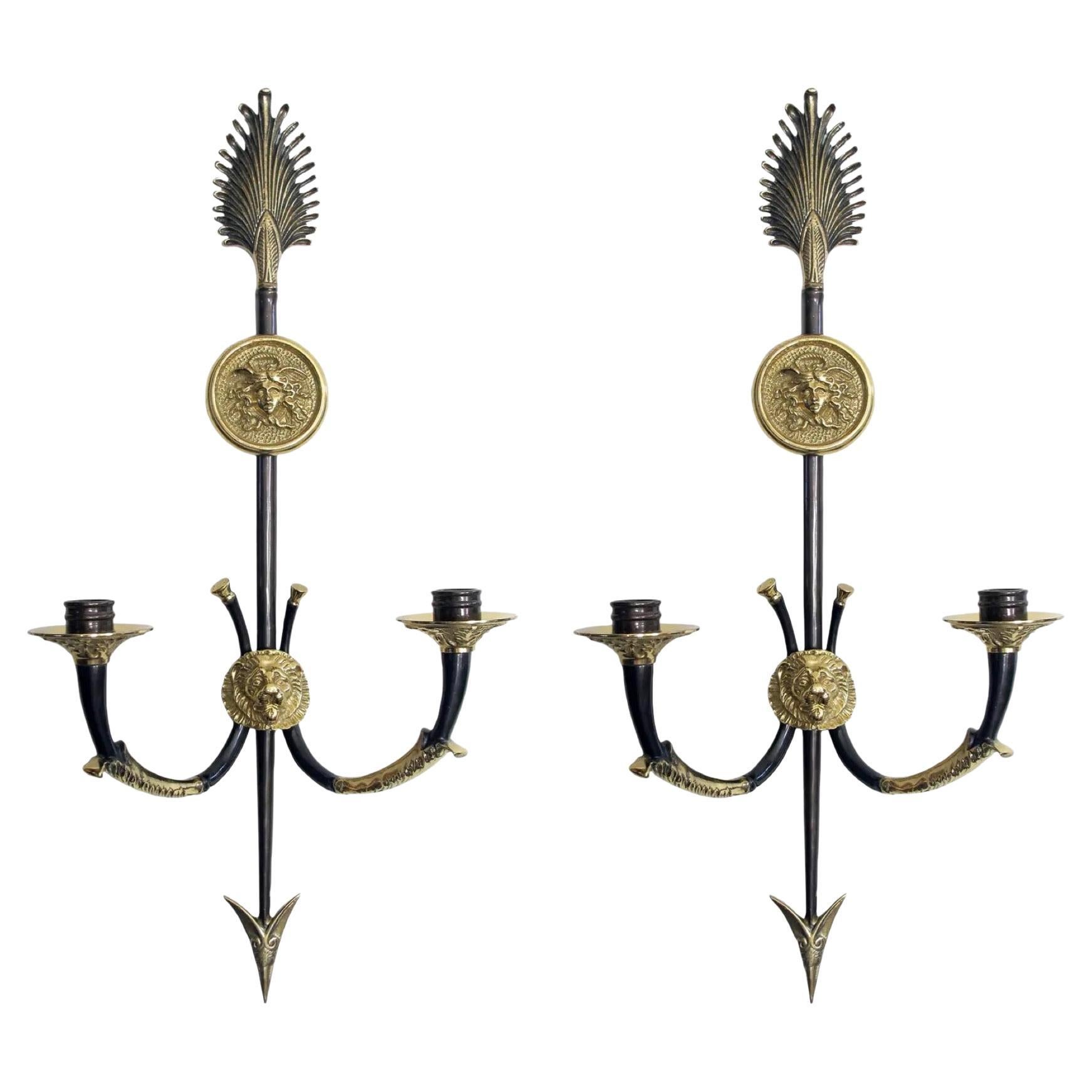 Pair Decorative Crafts Inc. Neoclassical Brass Two Arm Candle Sconces 