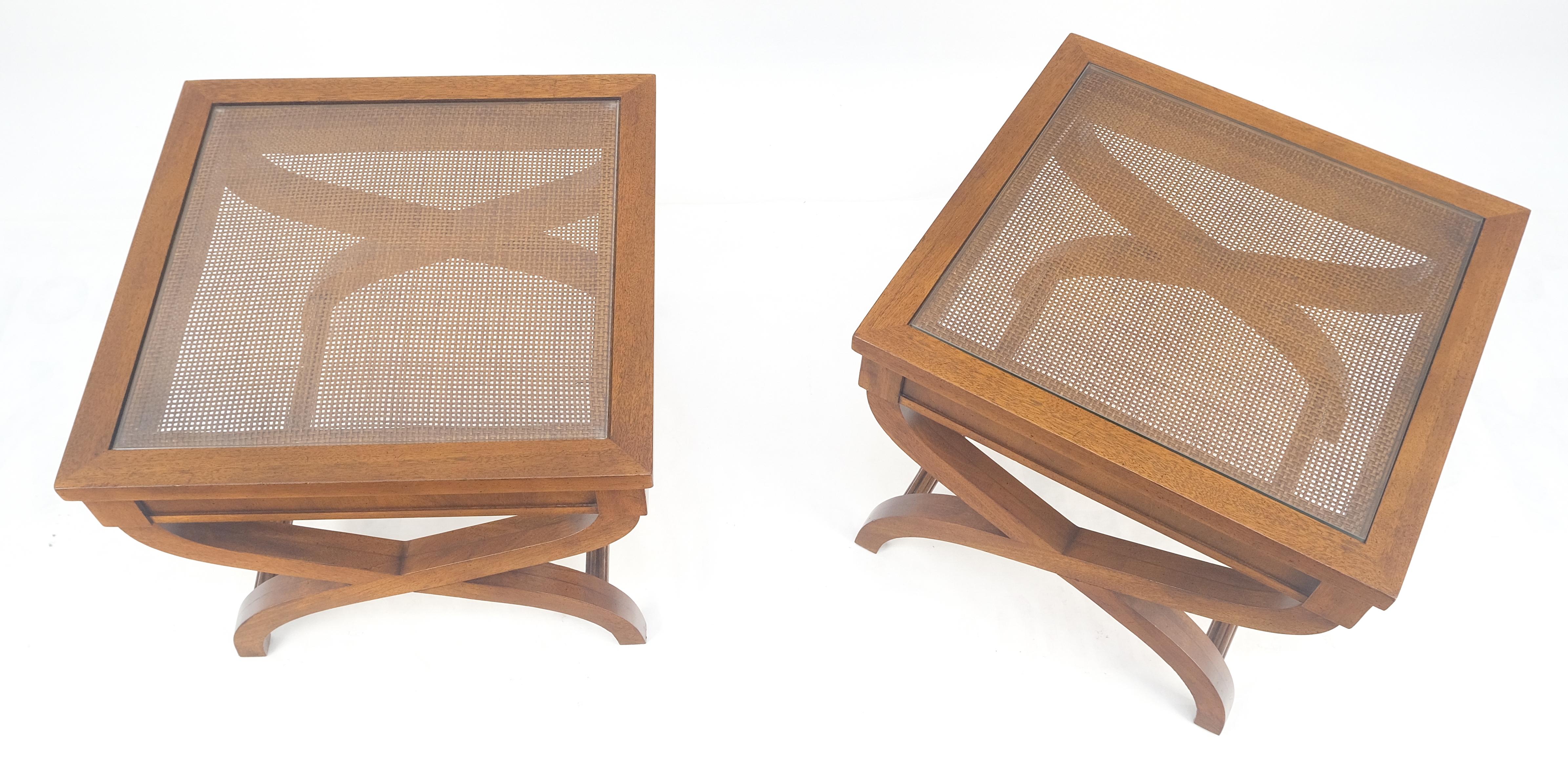 American Pair Decorative Glass & Cane Top X Shape Bases Legs Square Side End Tables MINT! For Sale