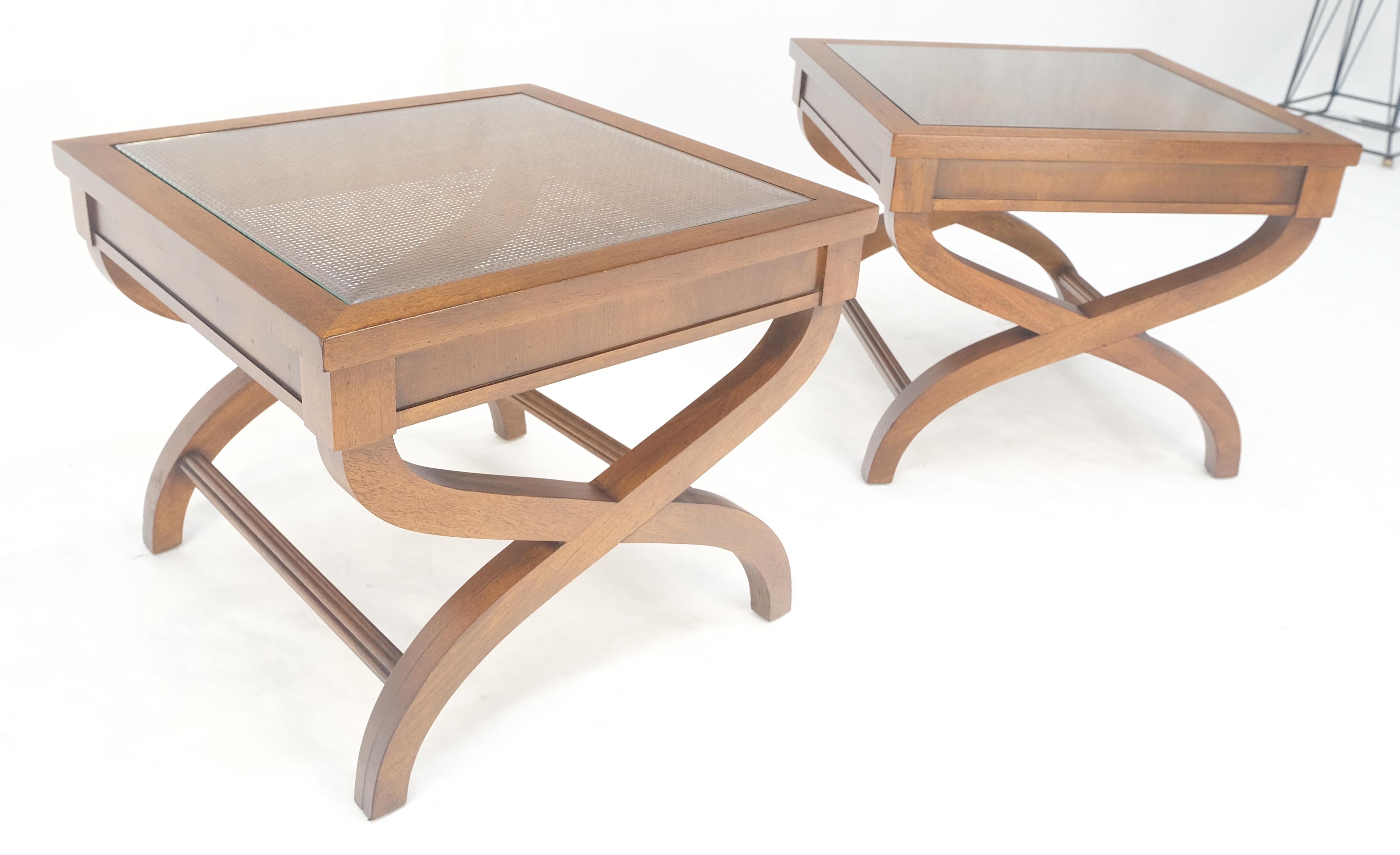 Lacquered Pair Decorative Glass & Cane Top X Shape Bases Legs Square Side End Tables MINT! For Sale