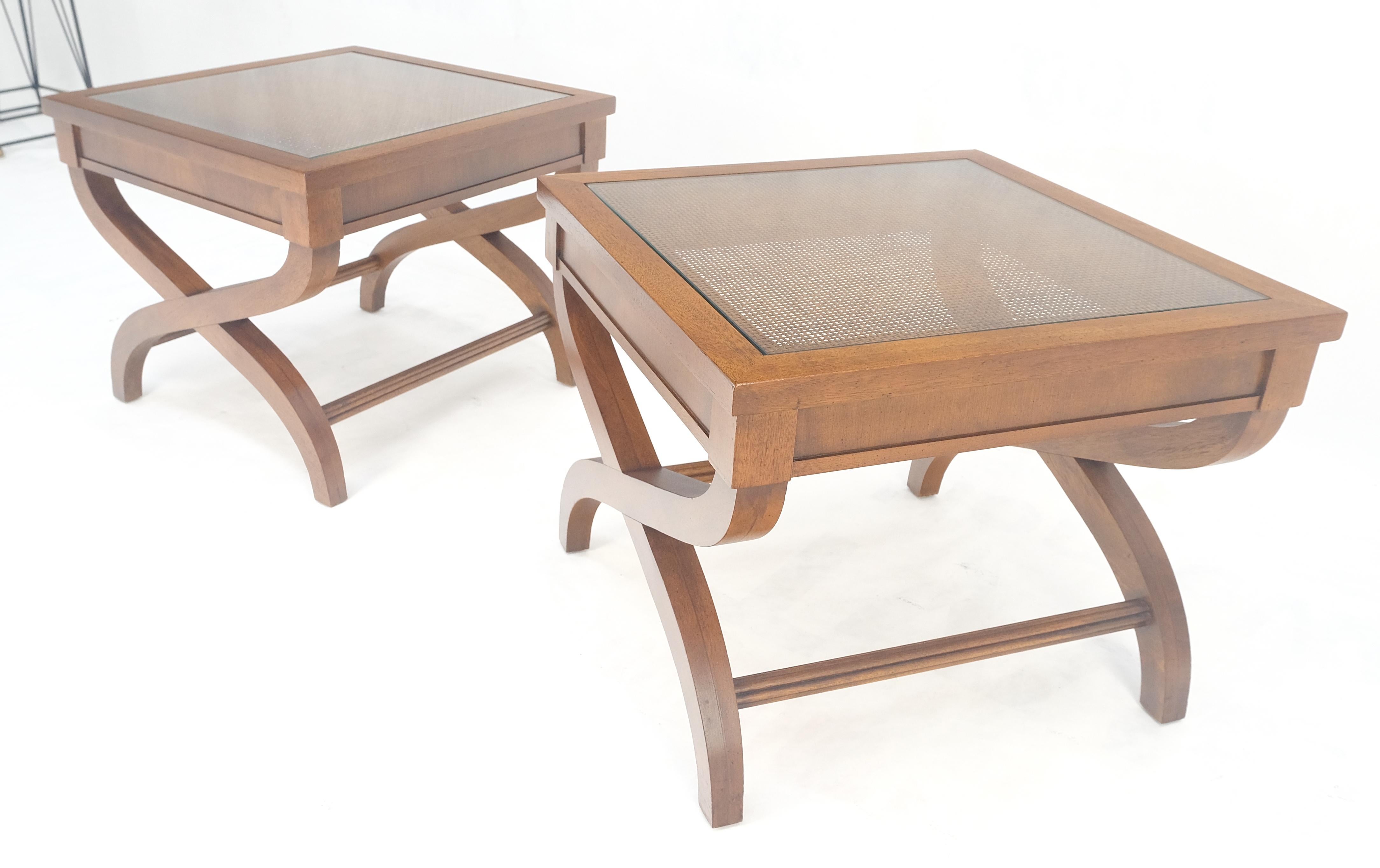 Pair Decorative Glass & Cane Top X Shape Bases Legs Square Side End Tables MINT! In Excellent Condition For Sale In Rockaway, NJ