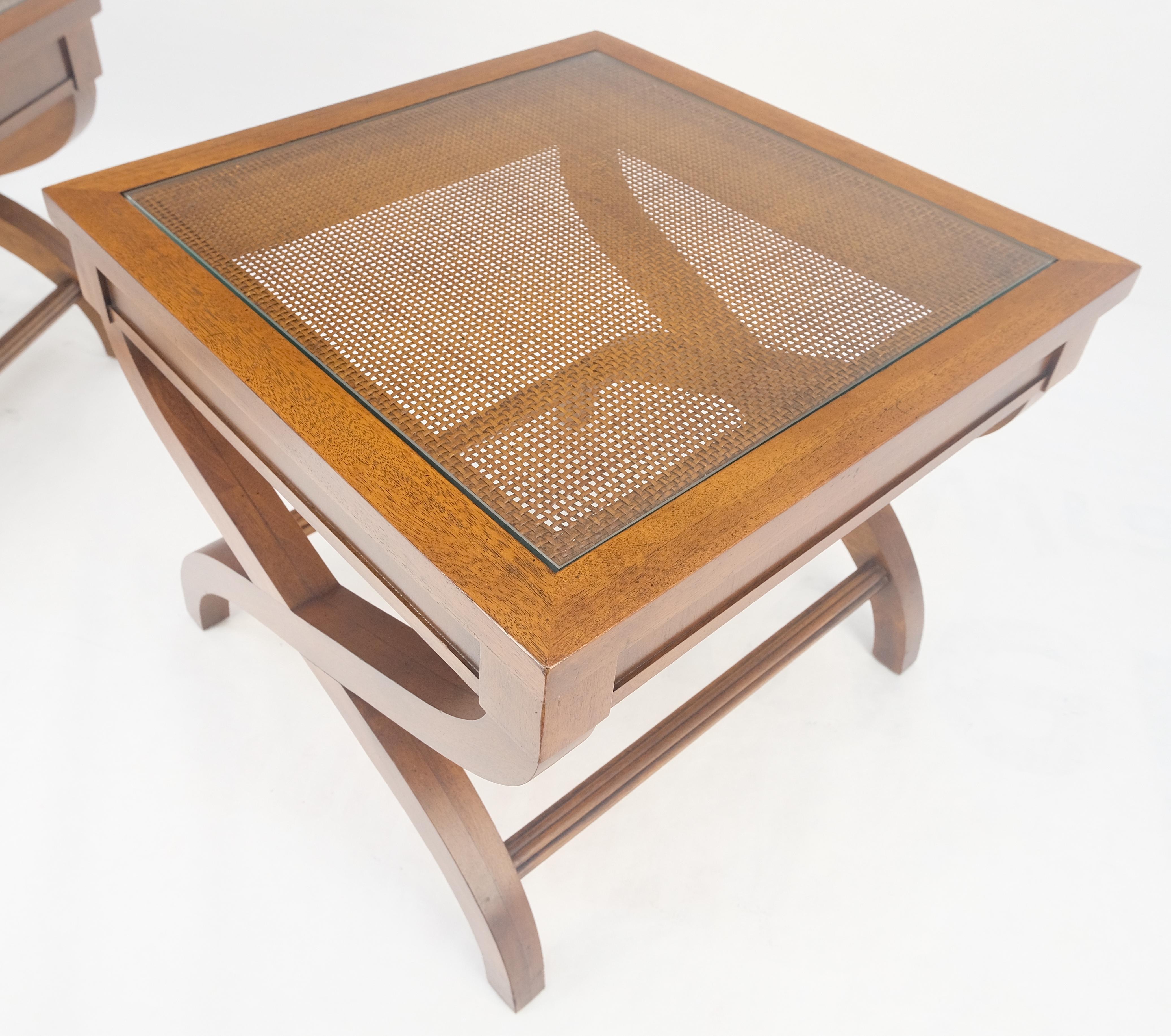 20th Century Pair Decorative Glass & Cane Top X Shape Bases Legs Square Side End Tables MINT! For Sale