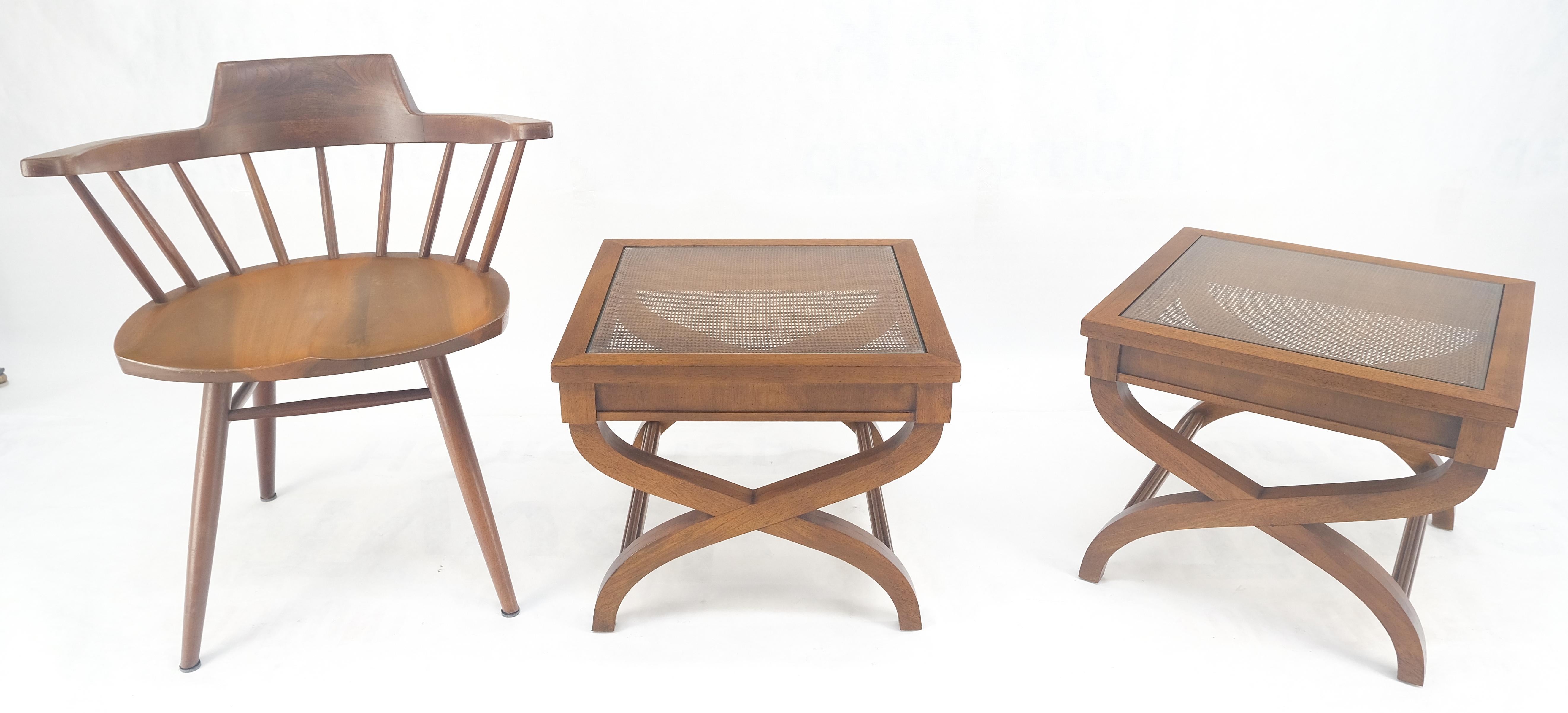 Pair Decorative Glass & Cane Top X Shape Bases Legs Square Side End Tables MINT! For Sale 1