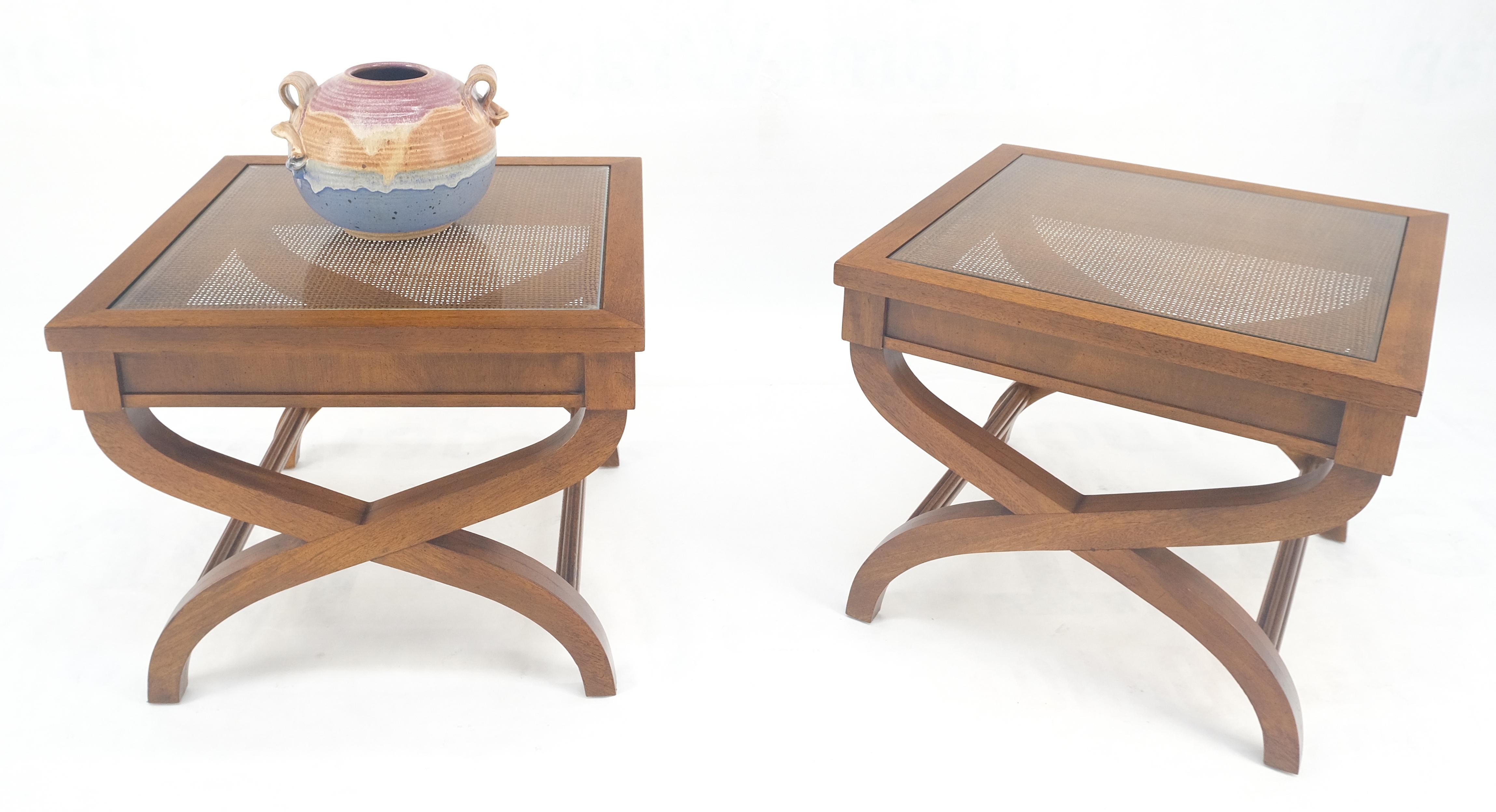 Pair Decorative Glass & Cane Top X Shape Bases Legs Square Side End Tables MINT! For Sale 2